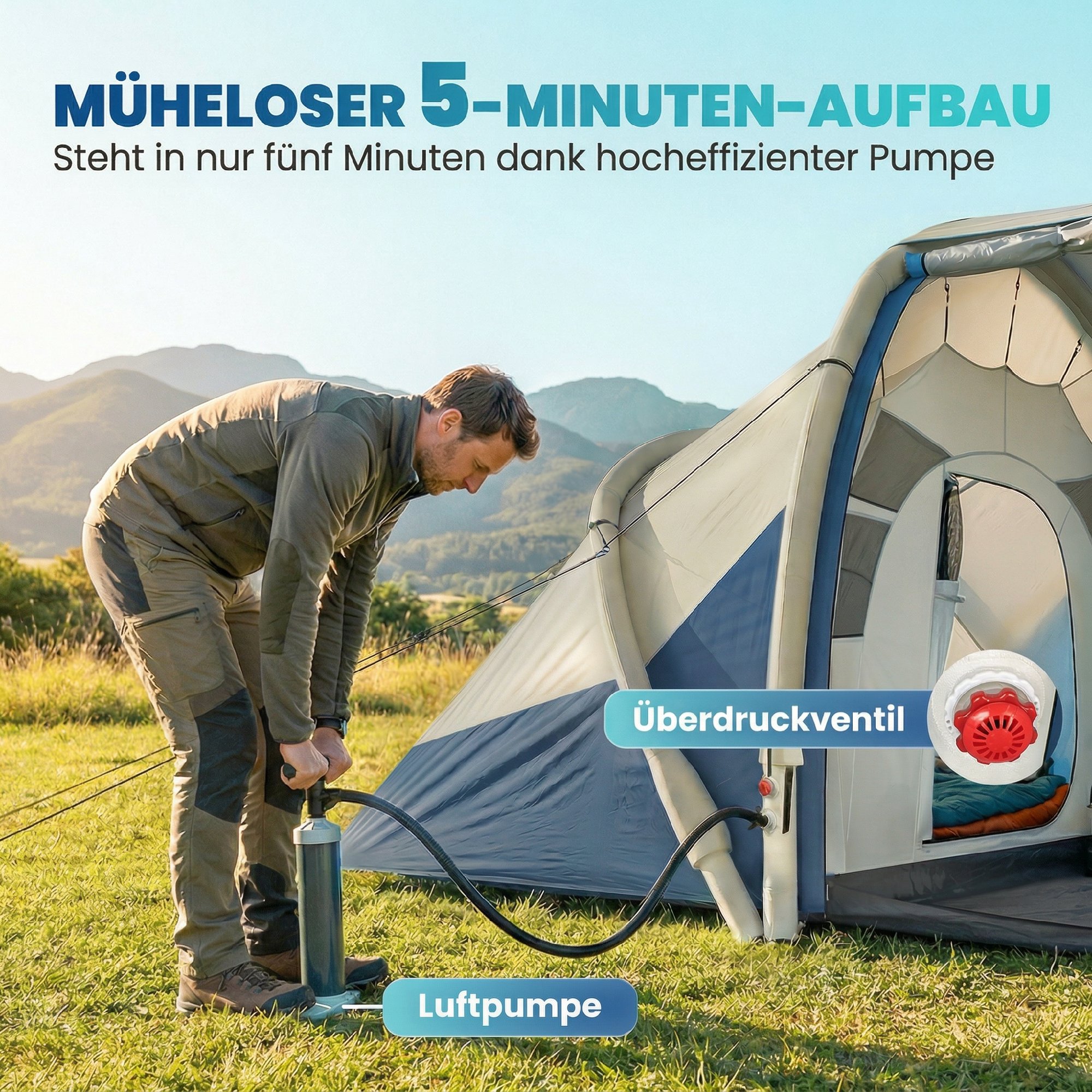 aufblasbares Zelt 4 Personen Schneller Aufbau Outdoor Camping Zelt mit 2 Schlafzimmer Mesh Fenster Vordach