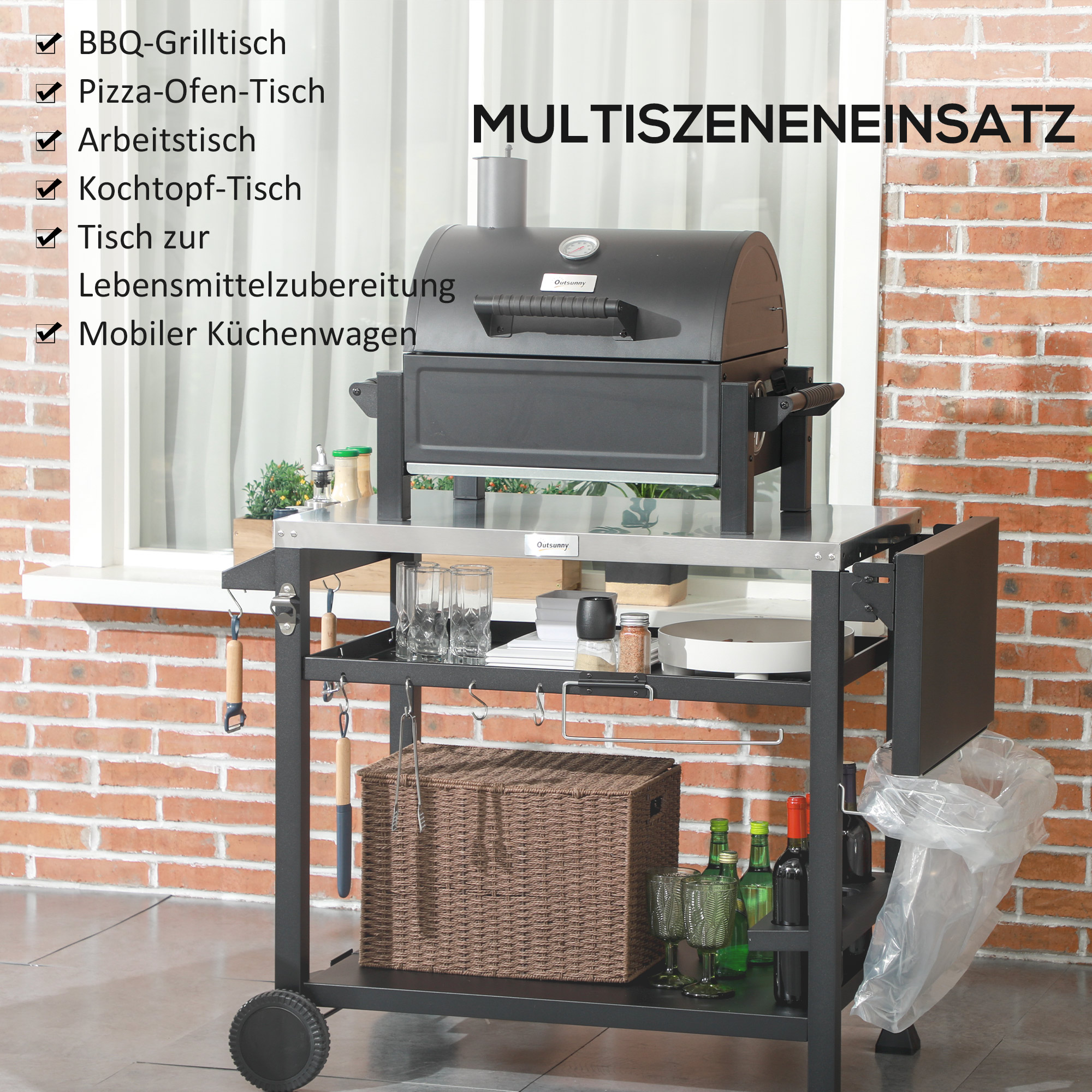 Grillstation Grillwagen, inkl. Zubehör, 125 x 65 x 84 cm, Schwarz + Silber