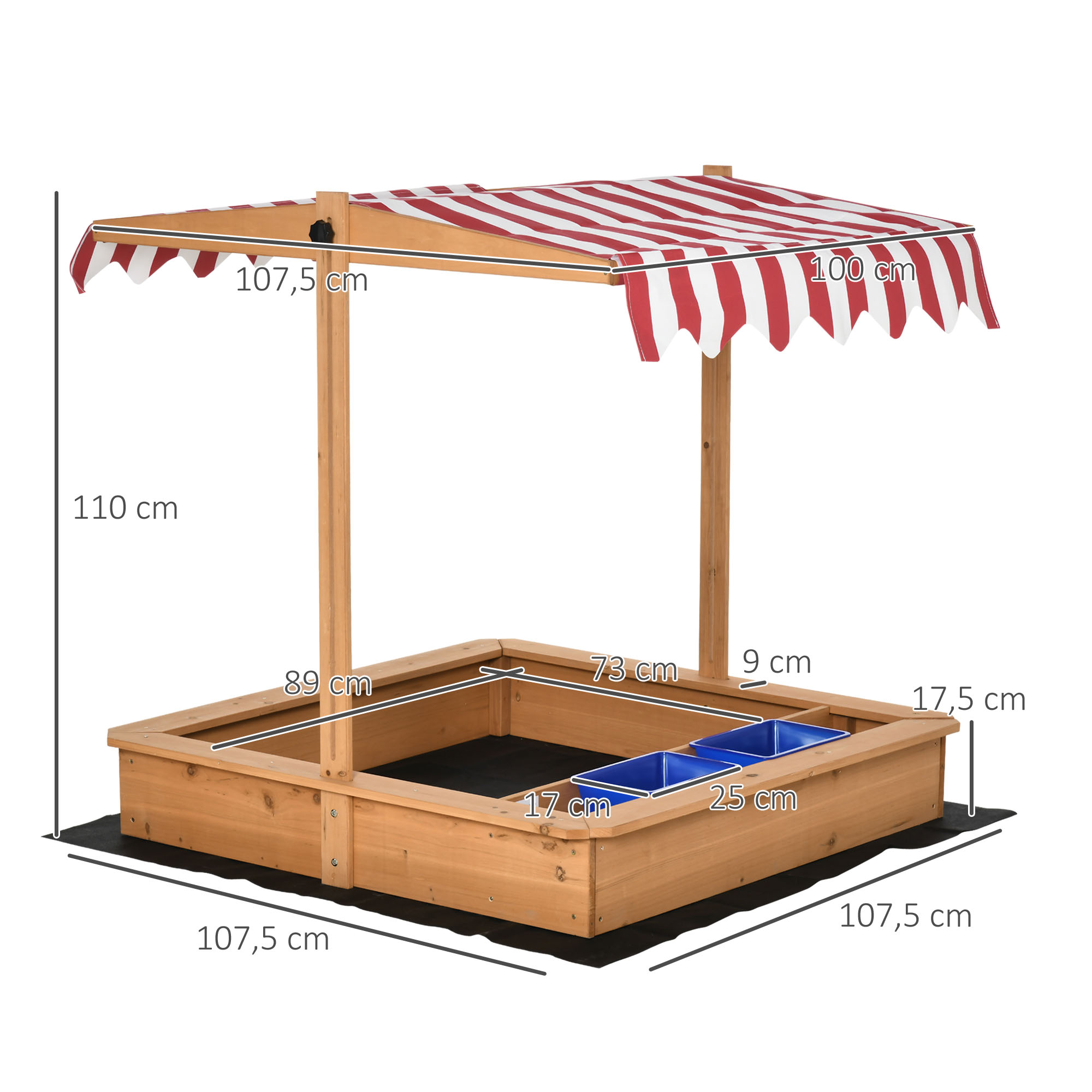 Sandkasten 107,5 x 107,5 cm Kinder Sandbox mit höhenverstellbar Abdeckung, Sandkiste aus Holz für Kinder 3-7 Jahre für Outdoor Garten Terrasse Balkon