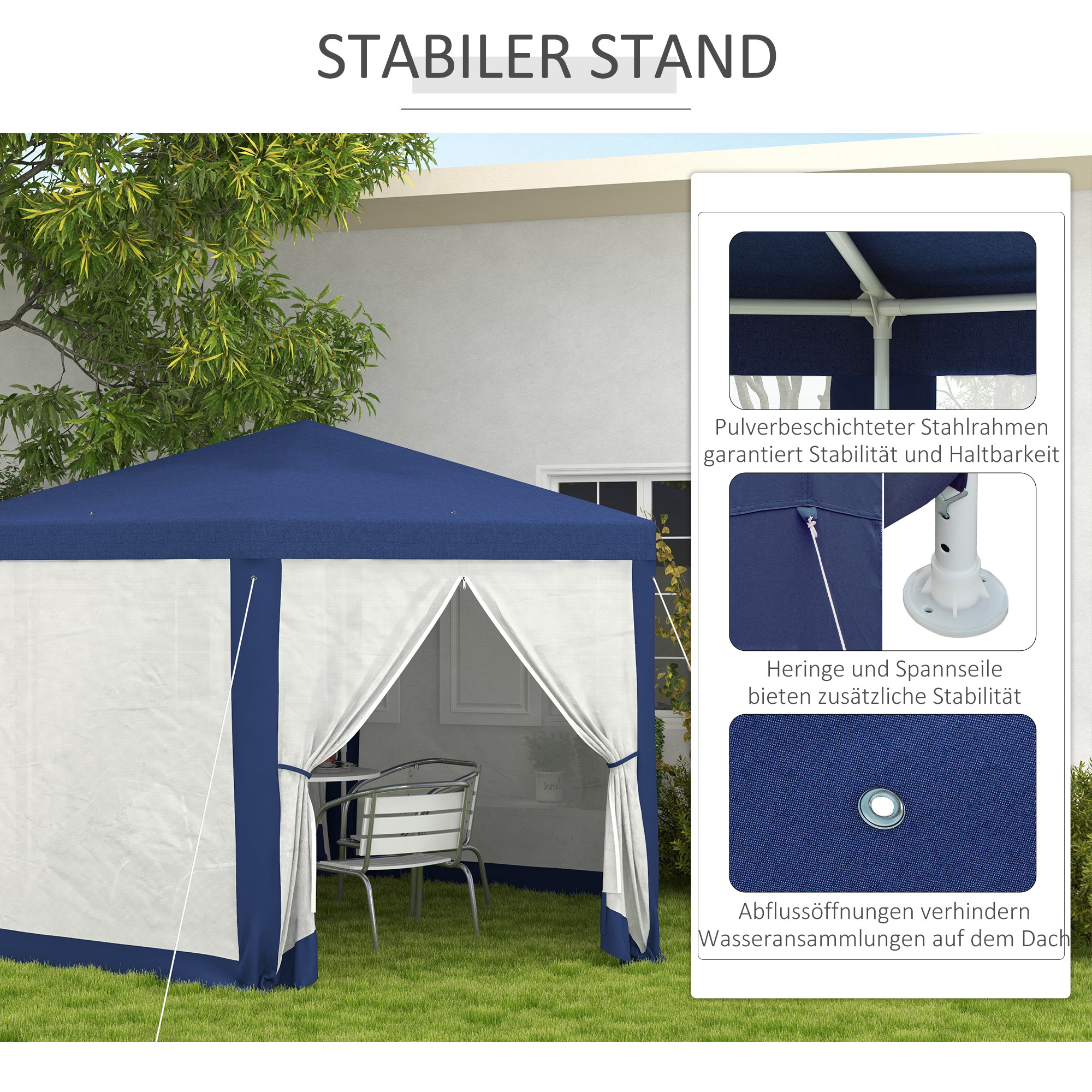 Gartenpavillon, 6-eckig, Netzvorhänge, Metallgestell, 3,94x3,412x2,5m, Blau