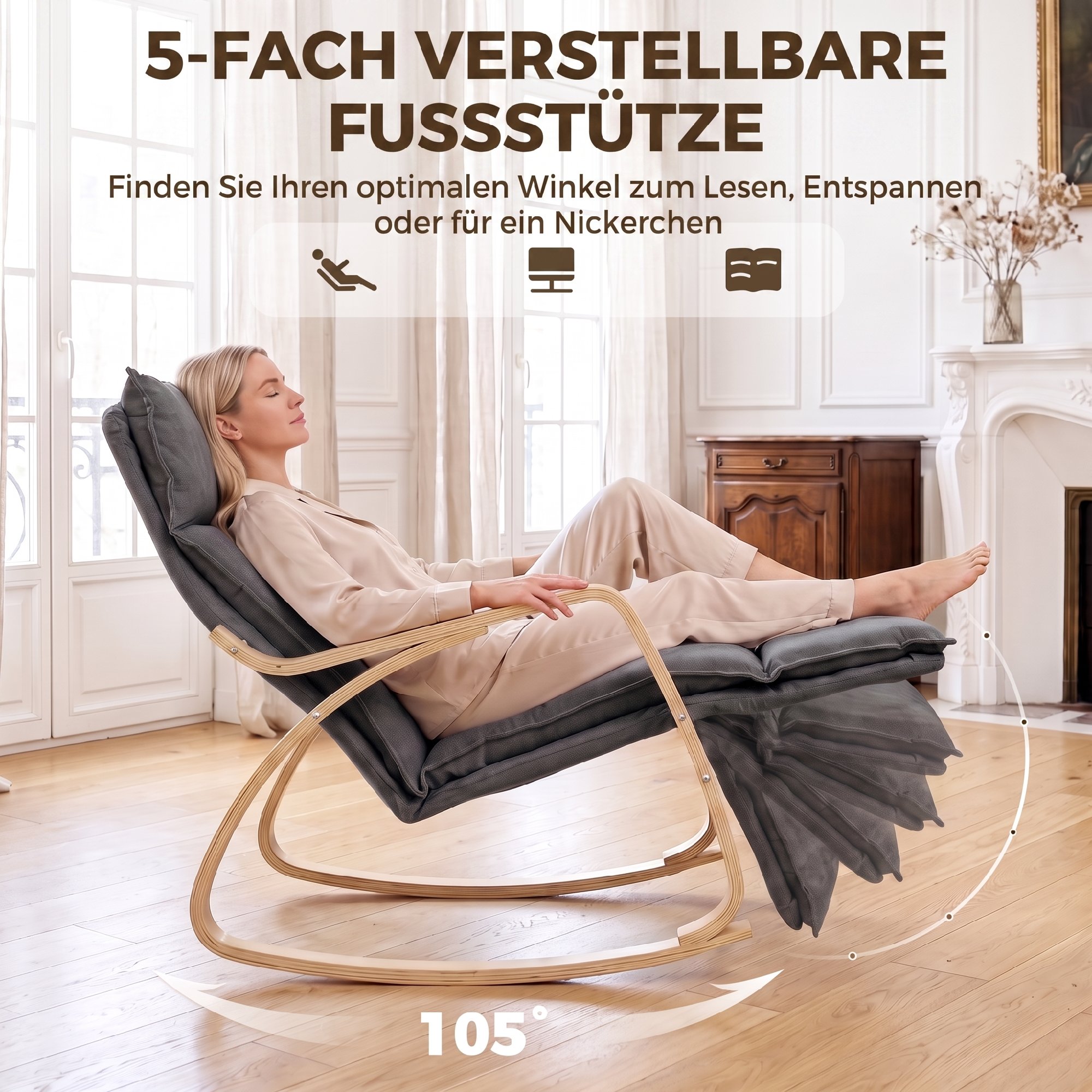 Schaukelstuhl in Leinenoptik mit 5-fach verstellbarer Fußstütze und Leinenoptik, für Wohnzimmer, Dunkelgrau