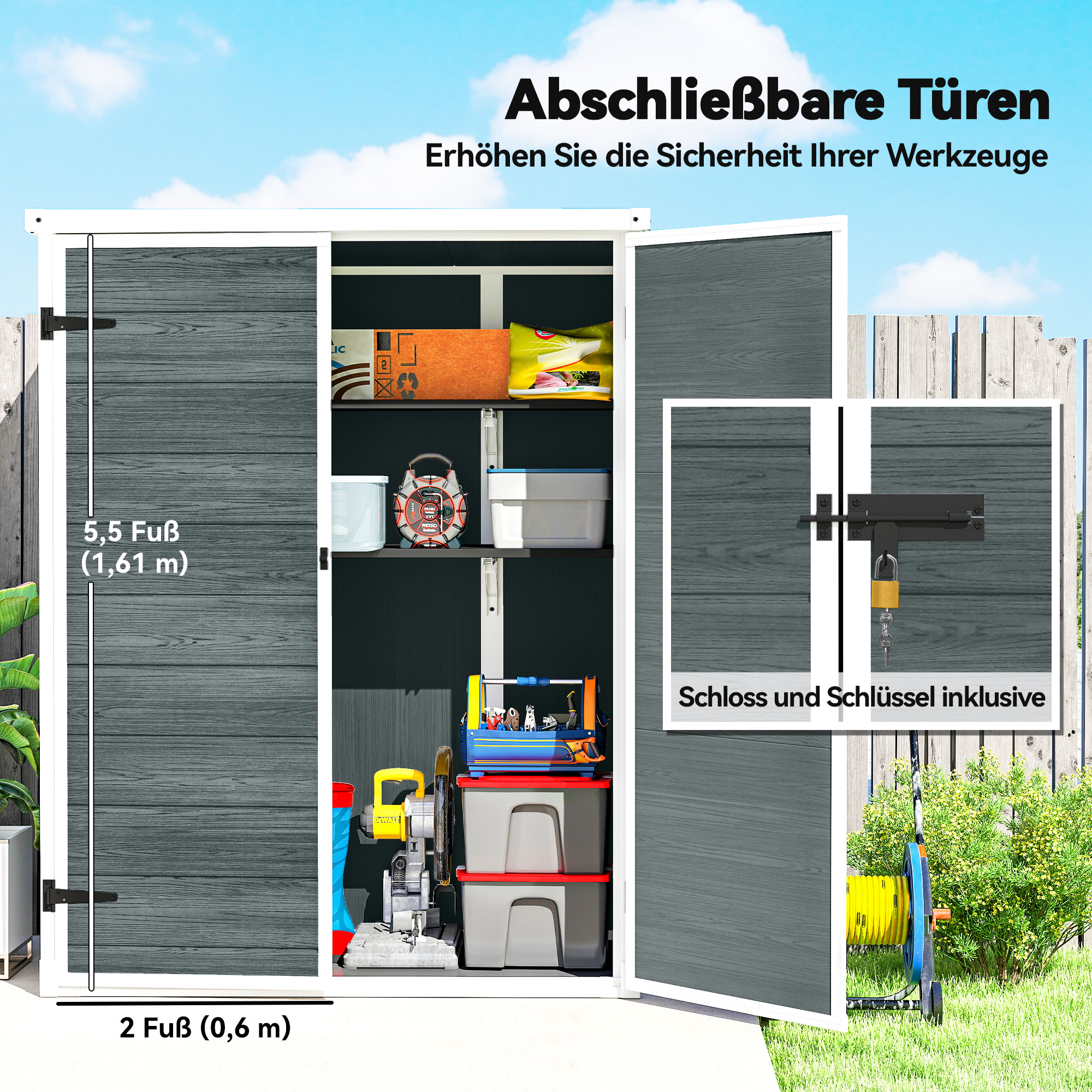 Gerätehaus 0,8m², Geräteschuppen mit klappbar Regale, 134 x 68,5 x 170 cm Kunststoff  mit Abschließbar Doppeltür Boden