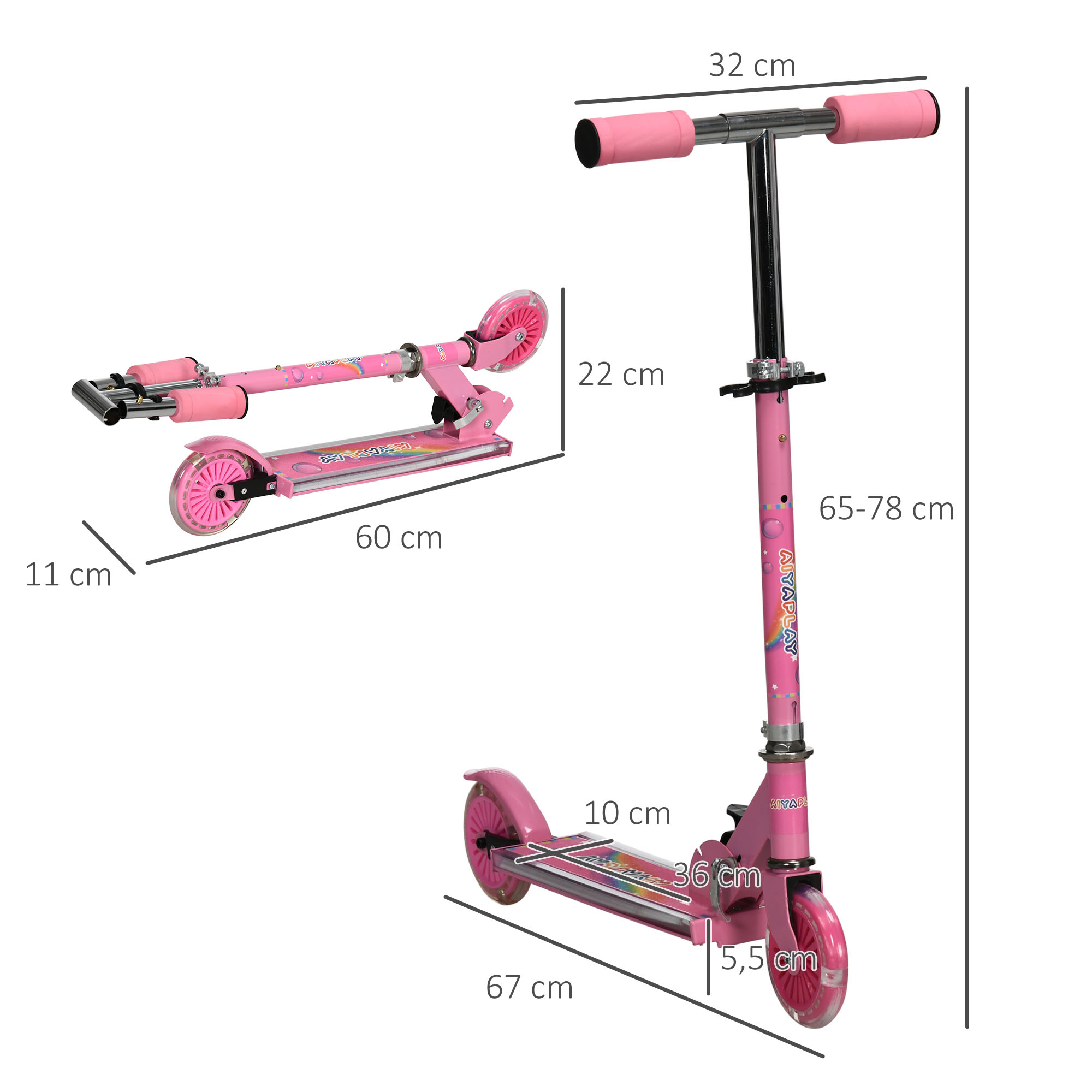 Roller Kinder Scooter mit LED Rädern 124 mm Rollen klappbarer Höhenverstellbar mit Musik Hinterradbremse Rosa
