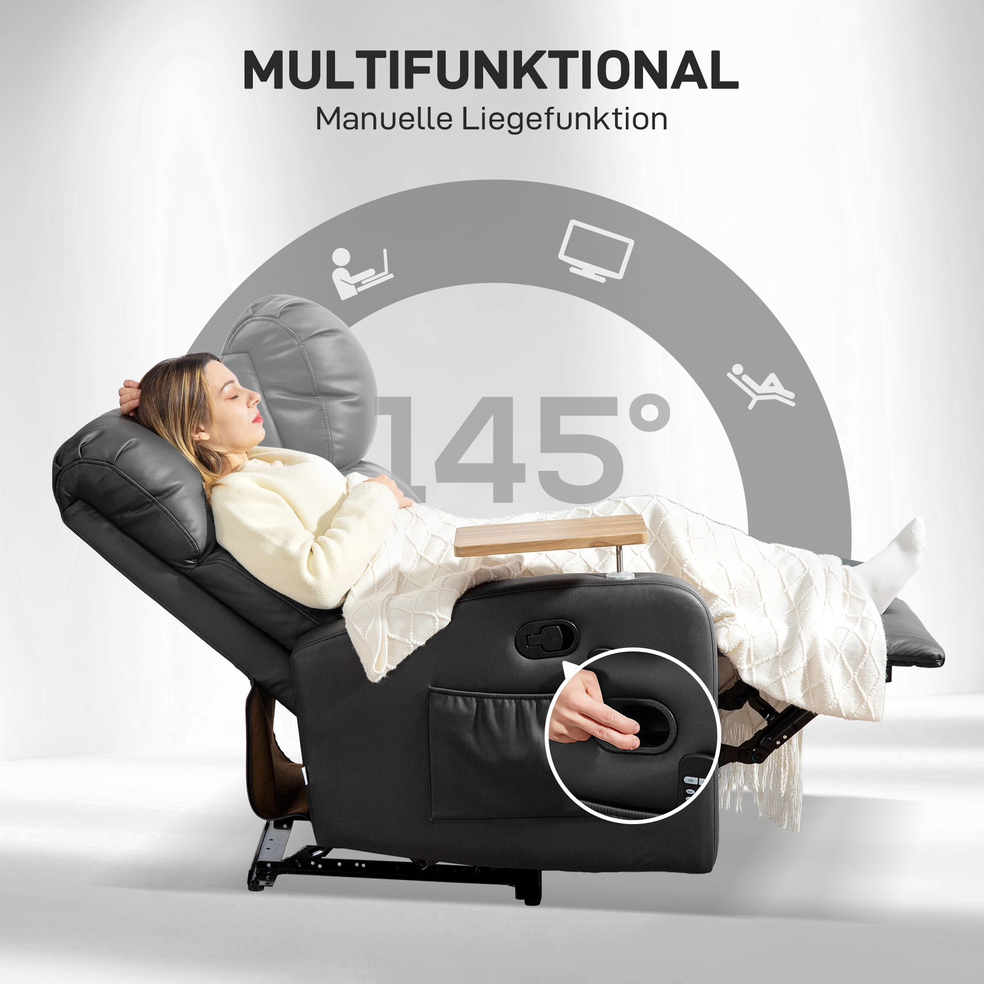 Massagesessel Relaxsessel Liegesessel, 1 Klapptisch, 1 Fußstütze; 77 cm x 93 cm x 105 cm, Schwarz
