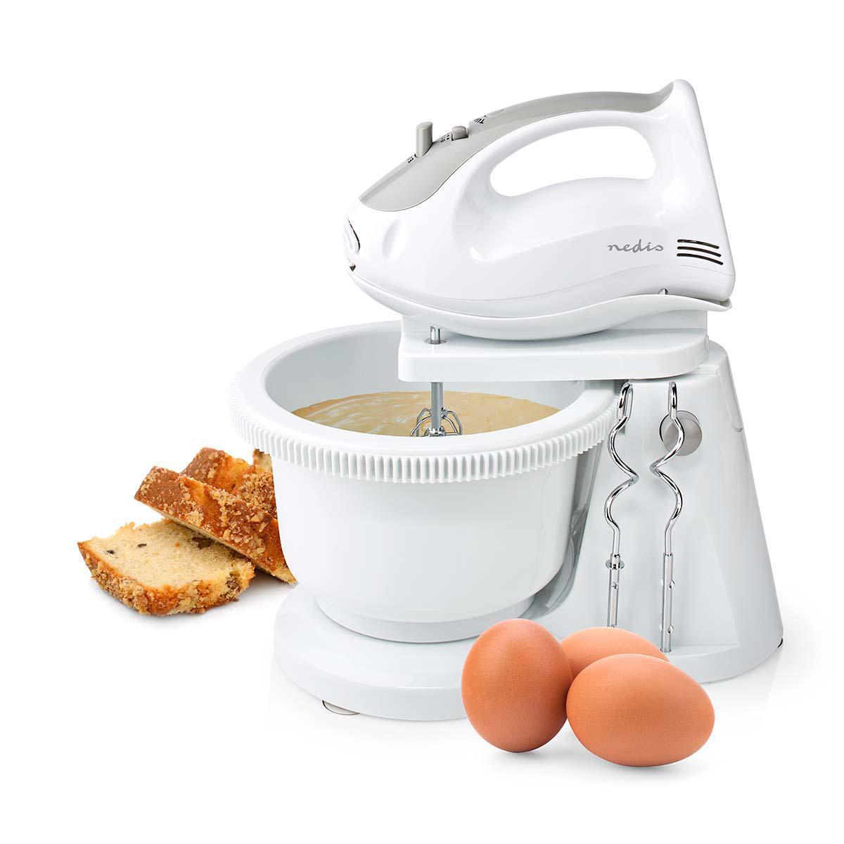 Handmixer | 200 W | 5 Geschindigkeitsstufen | Turbofunktion | Schüssel drehen / 2 Knethaken / 2 Quirle | Grau / Weiss