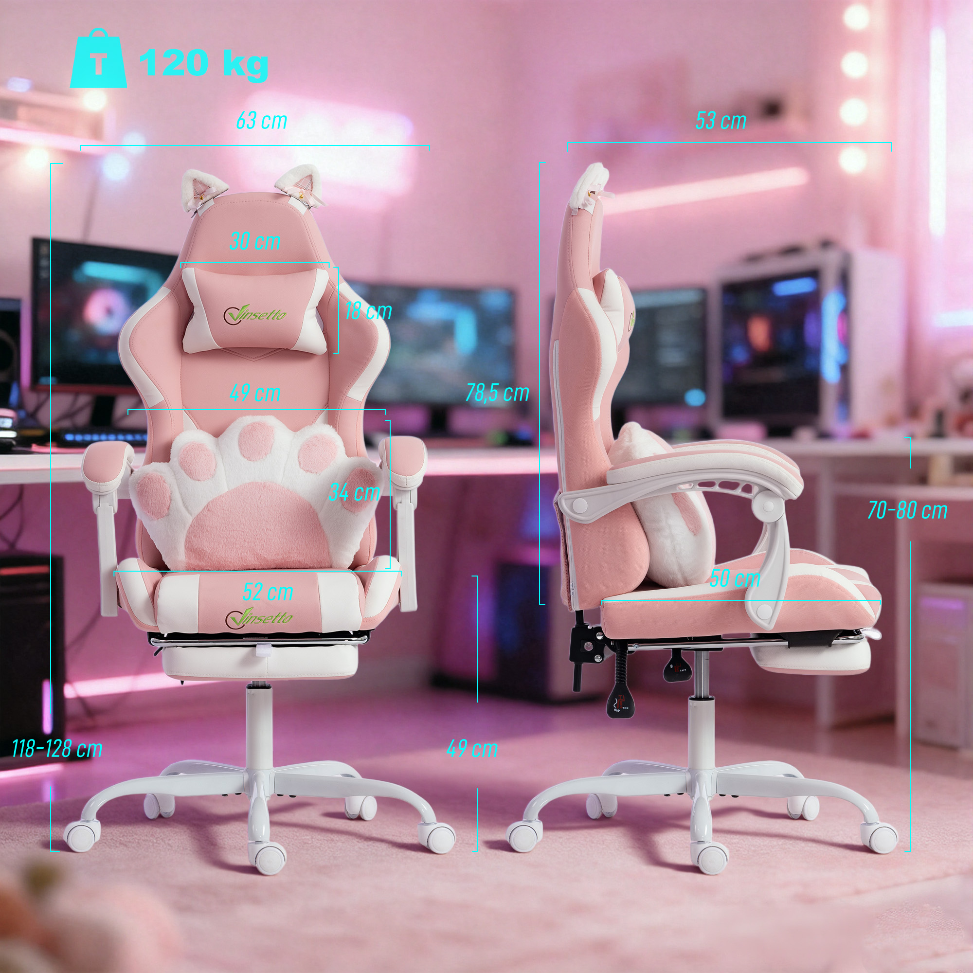 ergonomischer Gaming-Stuhl, Katzenohren-Gamer-Stuhl aus Kunstleder mit Lendenstütze, Fußstütze, Kopfstütze, Rosa