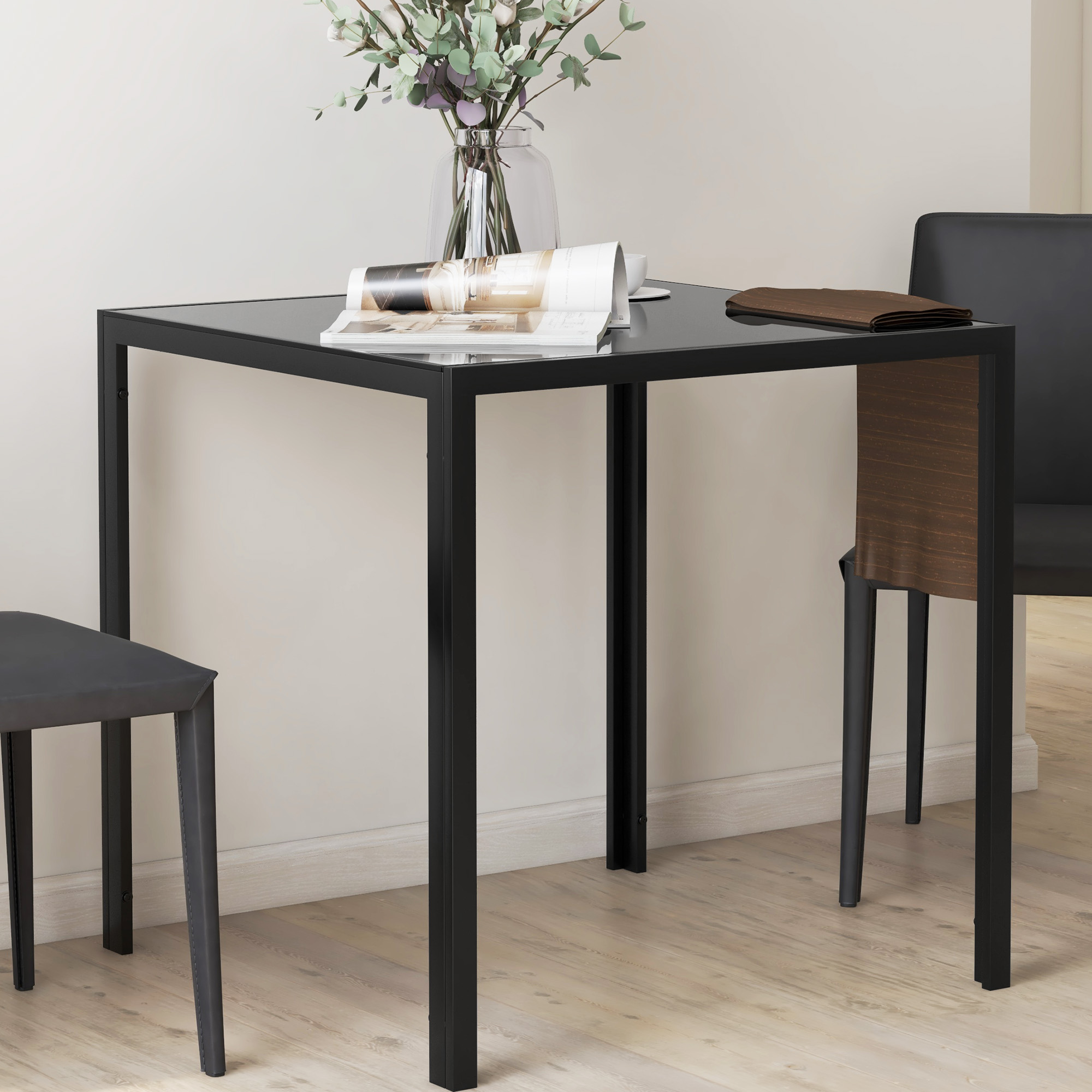 Quadratischer Esstisch für 4 Personen, Tischplatte aus Hartglas, für Küche und Esszimmer, 75 x 75 x 75 cm, Schwarz