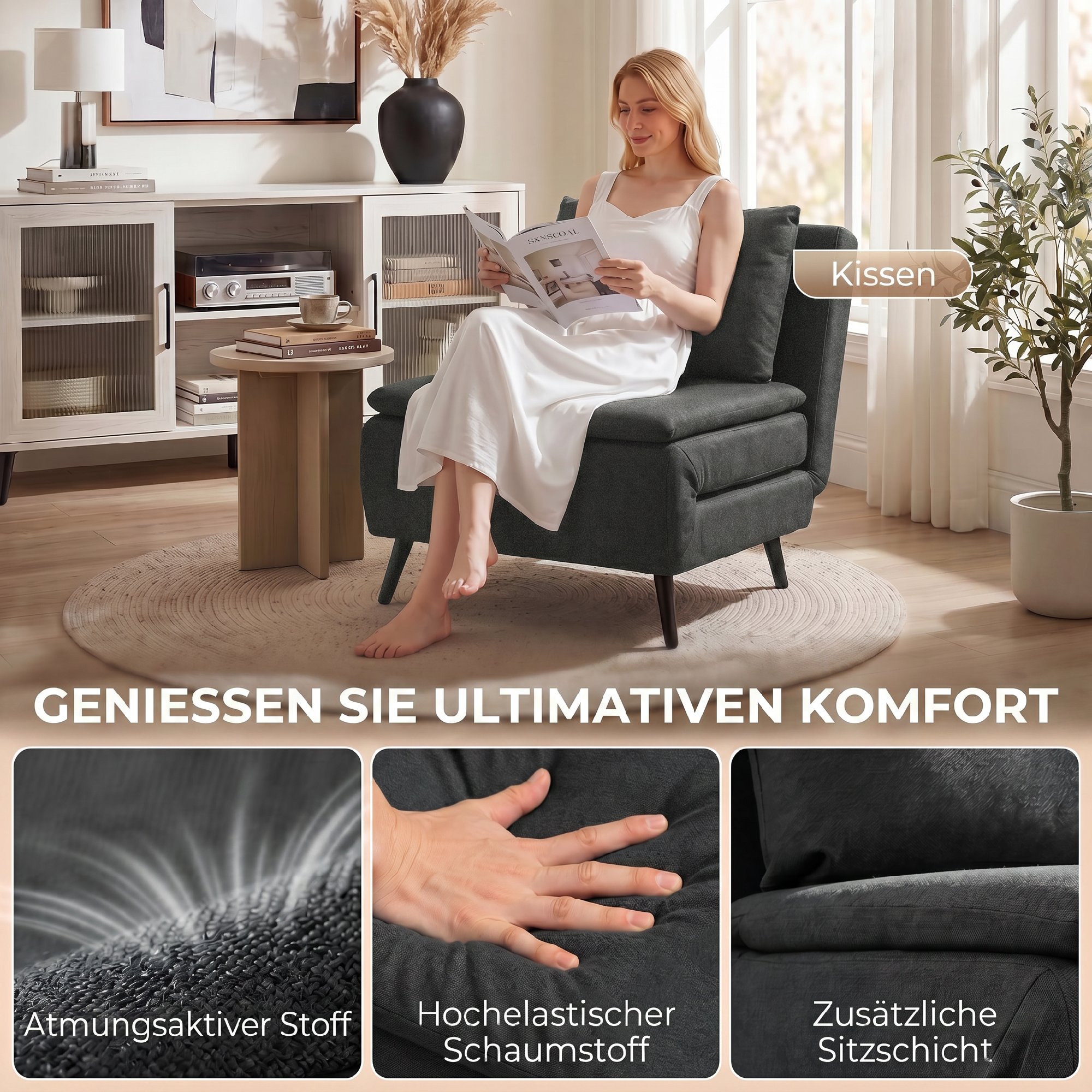 Schlafsessel, 3-in-1 Klappbarer Leinen-Schlafsessel mit verstellbarer Rückenlehne, S-Federn, Metallbeinen, Dunkelgrau