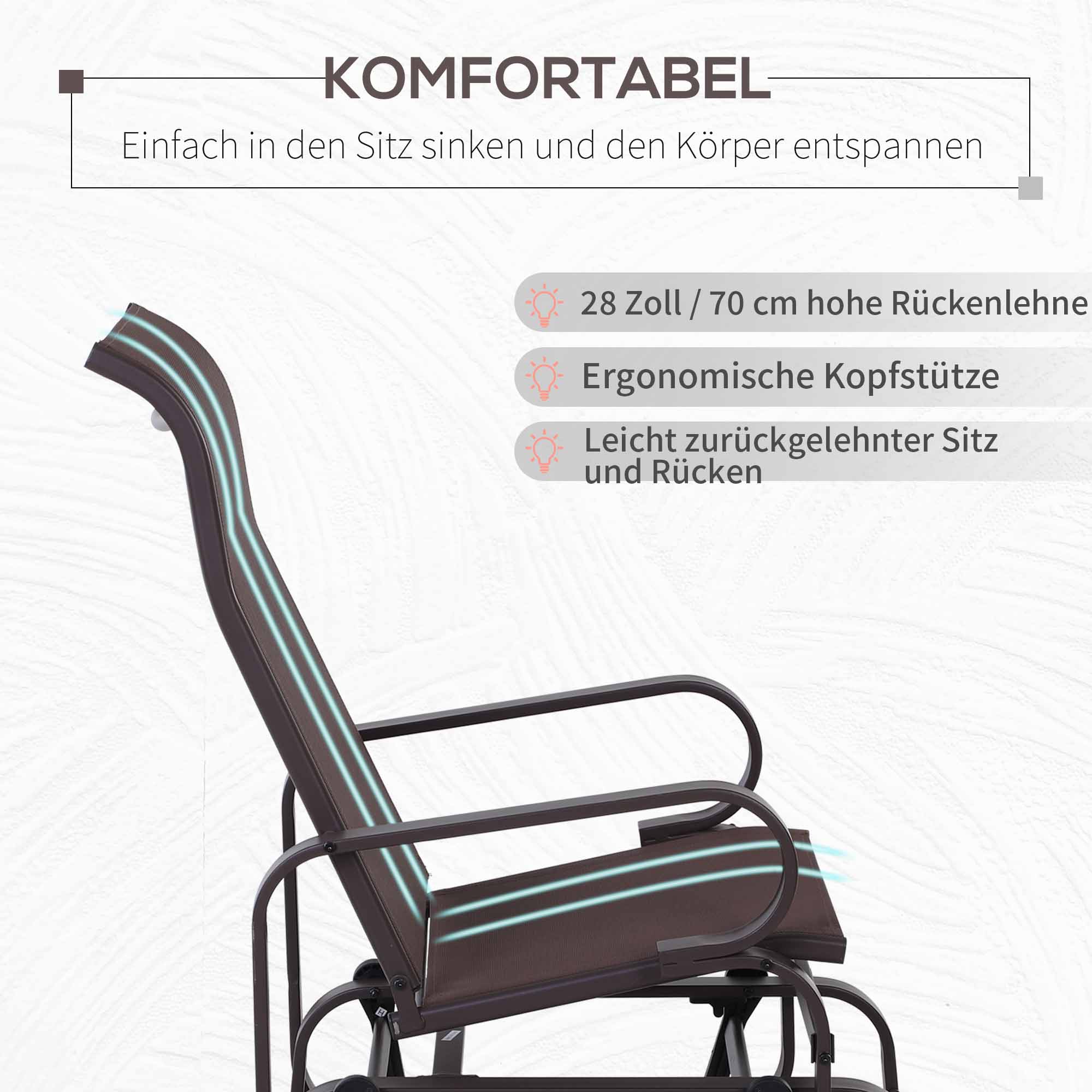 Schaukelstuhl Garten Gartenstuhl Relaxstuhl Gartenschaukel Garten Metall Schaukel Stuhl für Garten Terrasse Balkon Texteline Braun 60 x 78 x 105 cm