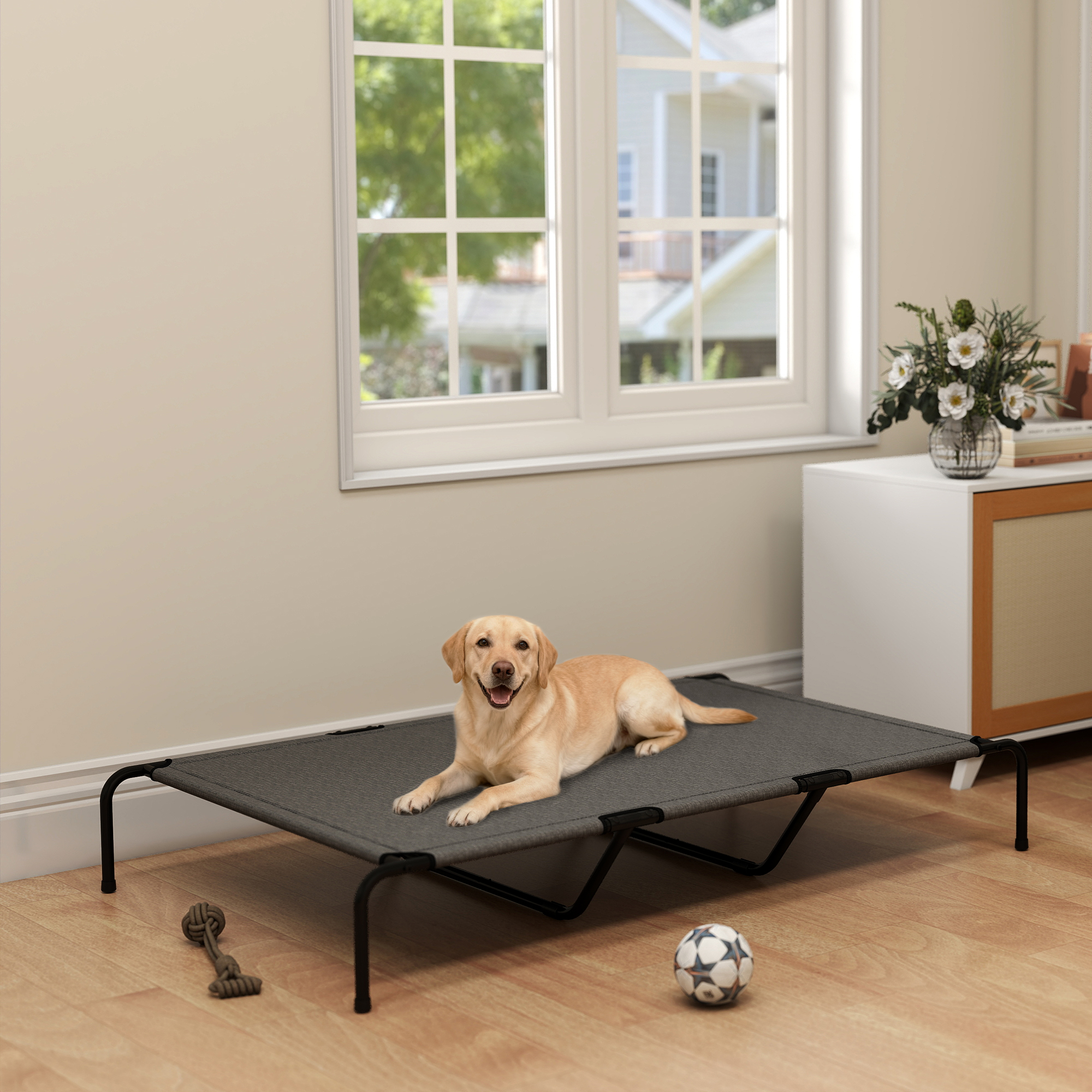 Hundeliege Outdoor, Erhöhtes Hundebett für große Hunde, mit Waschbares Mesh Stahlrahmen, 152 x 94 x 23 cm, Grau