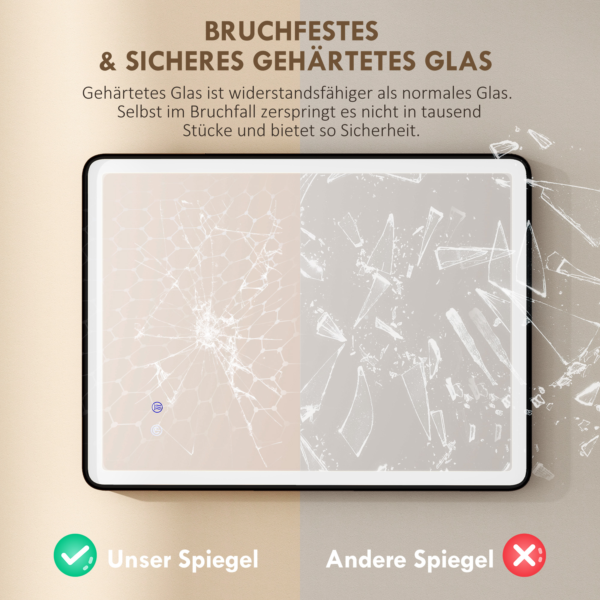 LED-Badezimmerspiegel Anti-Beschlag Dimmbare Schminkspiegel mit Beleuchtung 80 x 60 cm Schwarzer Rahmen