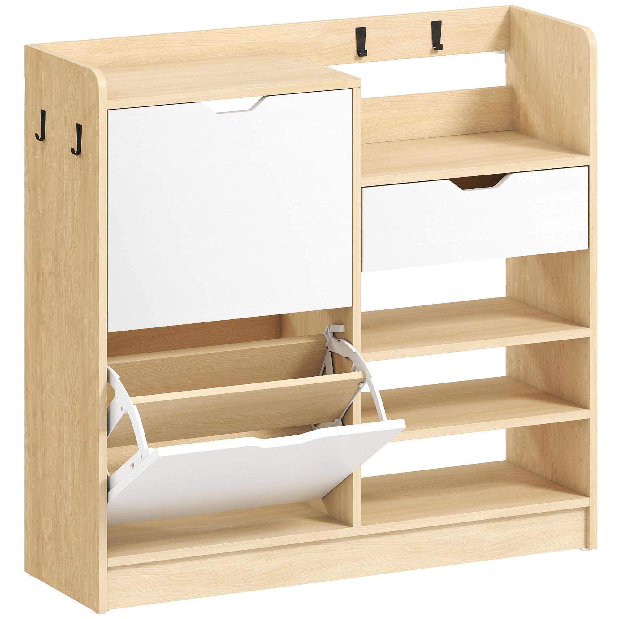 Schuhregal für Flur, Schuhschrank mit Kippschubladen, offenen Regalen, 4 Haken, für bis zu 14 Paar Schuhe, Natur Schuhregal für Flur, Schuhschrank mit Kippschubladen, offenen Regalen, 4 Haken, für bis zu 14 Paar Schuhe, Natur