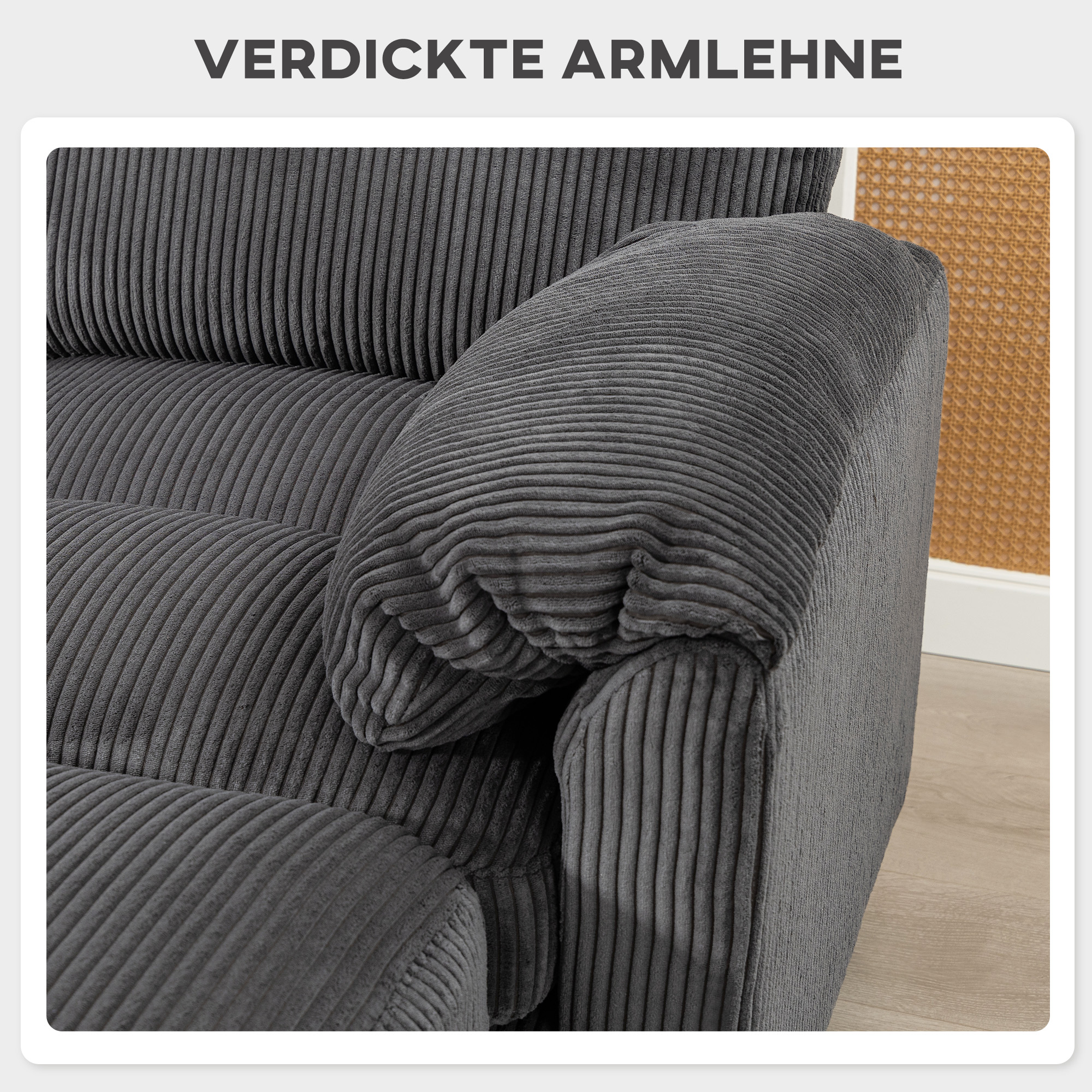 Ecksofa U-Form Sofa Couch mit Federpolsterung gepolsterte Armlehnen beweglicher Ottomane Cord 292x224x85 cm Dunkelgrau