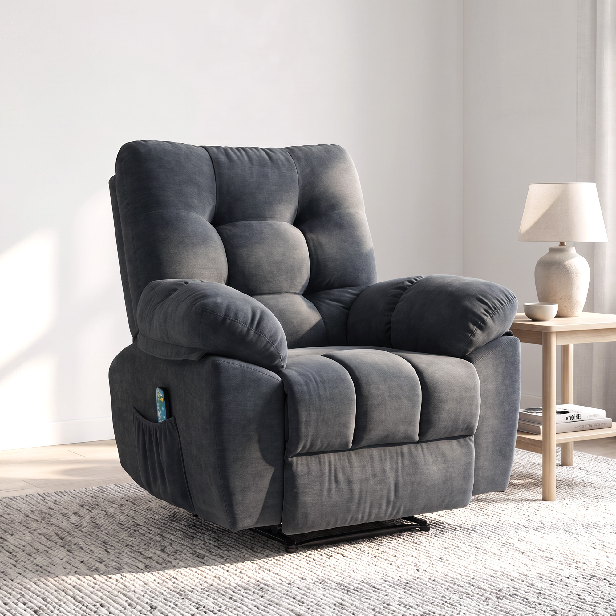 Recliner-Sessel, Massage-Polstersessel mit 8 Vibrationspunkten, verstellbare Fußstütze, Seitentasche, Lehnsessel, Grau
