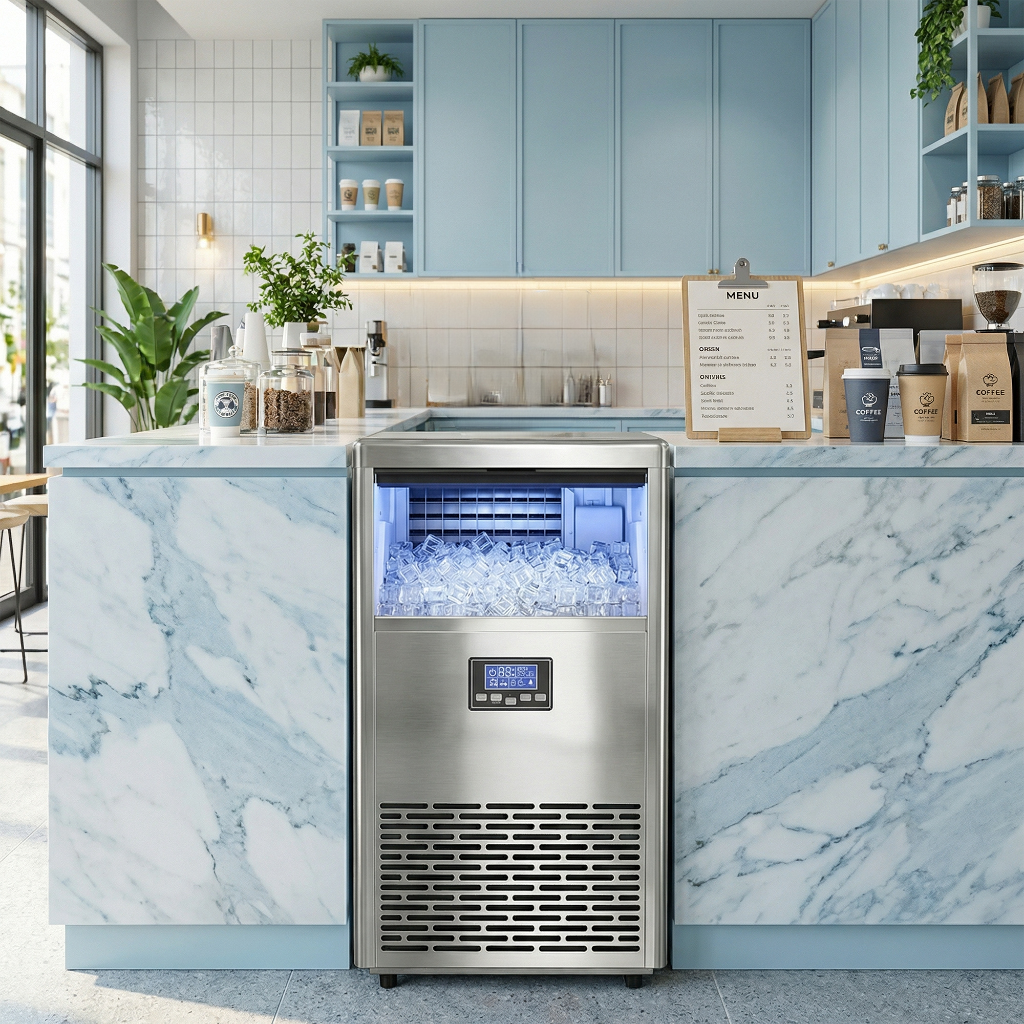 gewerblicher Eiswürfelbereiter 45 kg/24 Std., Edelstahl, mit 15 kg Speicher, Selbstreinigung, Silber