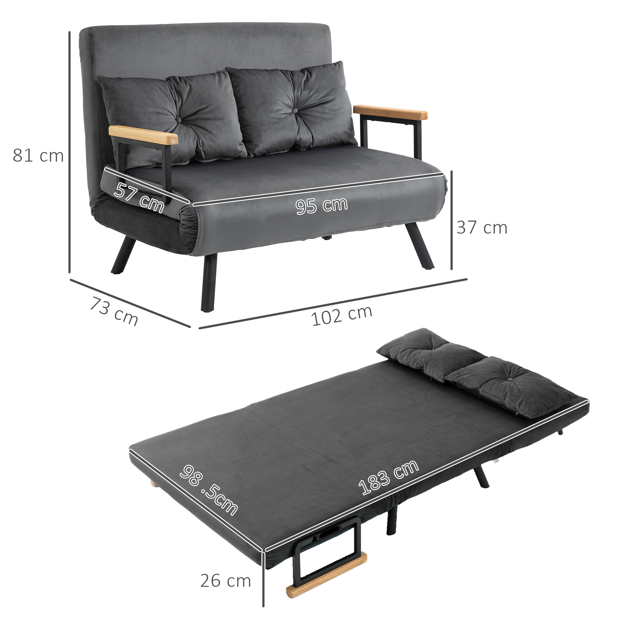 Schlafsofa 2er-Sofa Samtsofa, Schlaffunktion, inkl. 2 Kissen, Samtoptik, Natur + Dunkelgrau + Schwarz