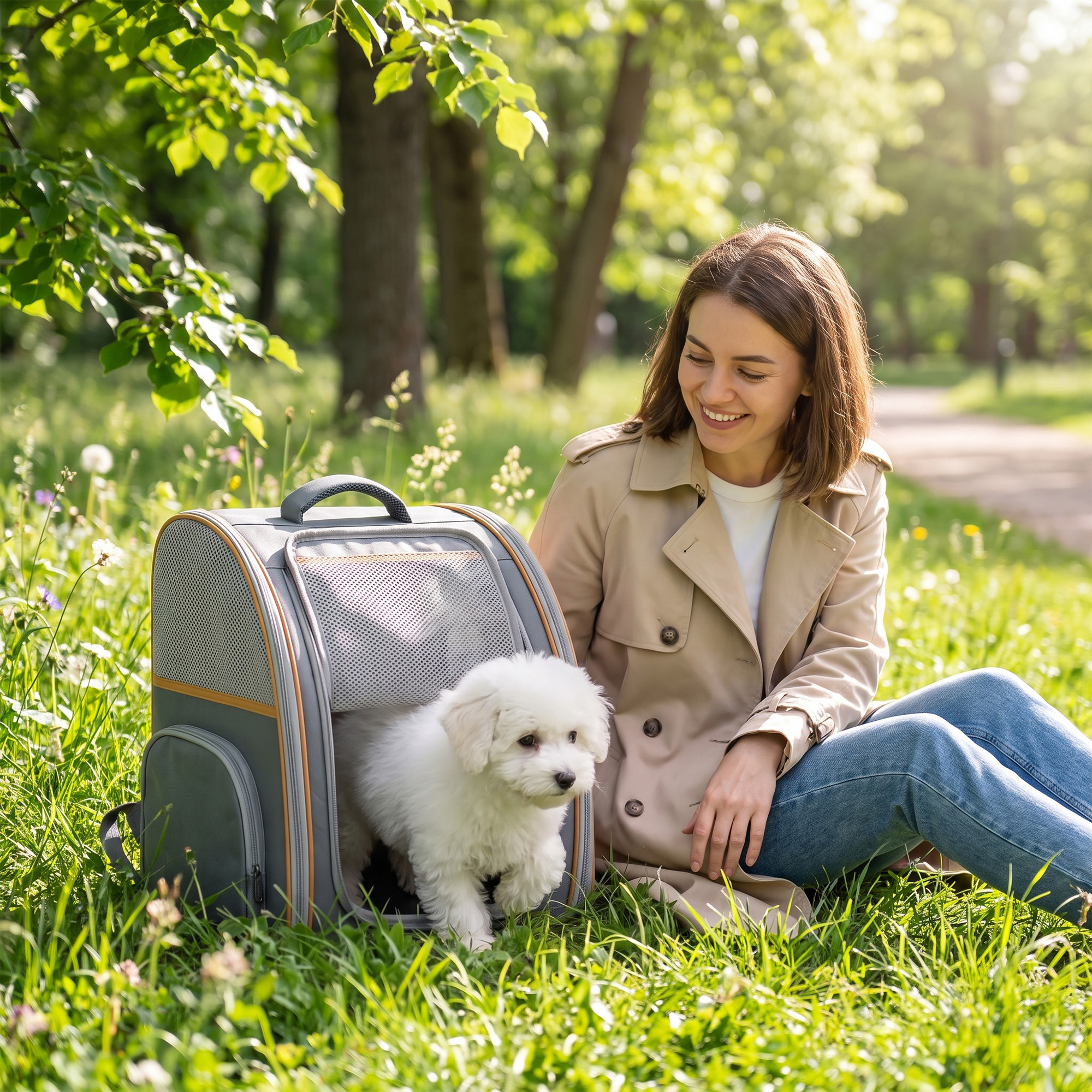 Hunderucksack Klappbar Katzenrucksack mit Netzfenster Seitentaschen herausnehmbare Boden bis 5 kg Grau