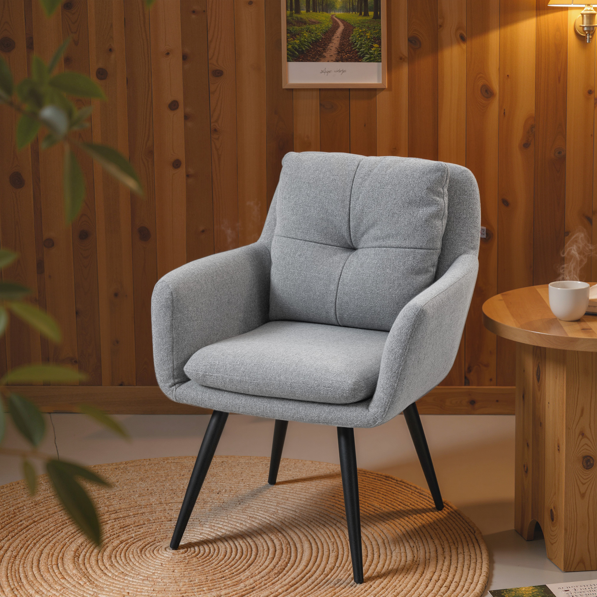 Moderner Akzentstuhl, Polsterstuhl mit Metallbeinen, Leinenoptik, Hellgrau