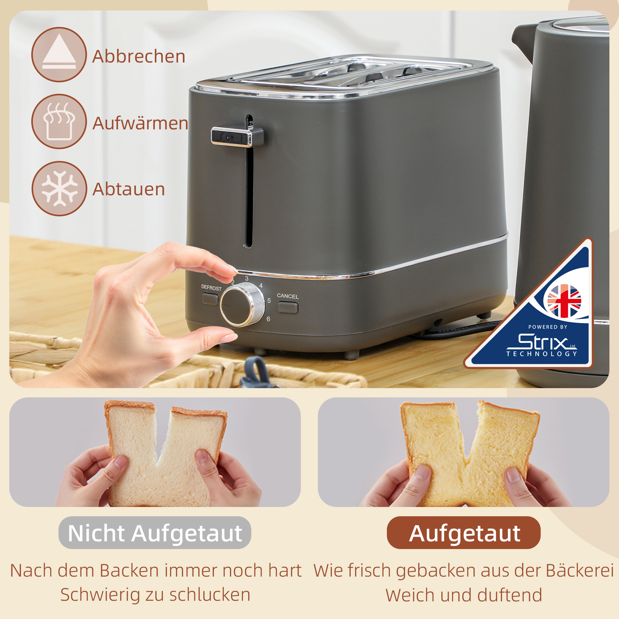Set aus 1,7 L Wasserkocher und Toaster mit 6 Bräunungsstufen, Grau