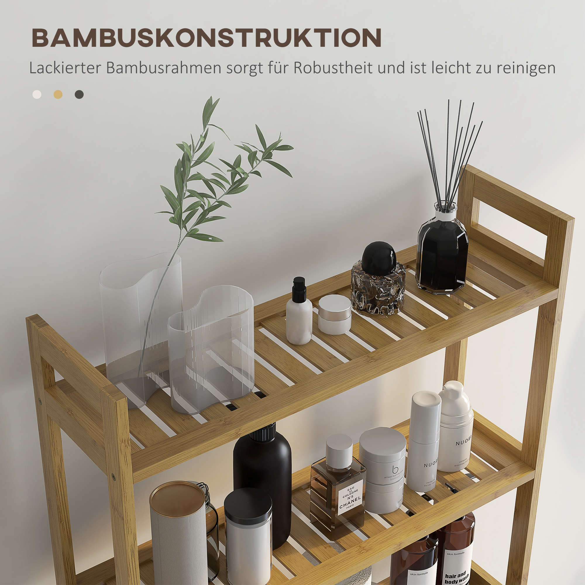 Badezimmerregal Badregal Toilettenregal, 3 Regale, wasserbeständig, 68 cm x 20 cm x 165 cm, Natur