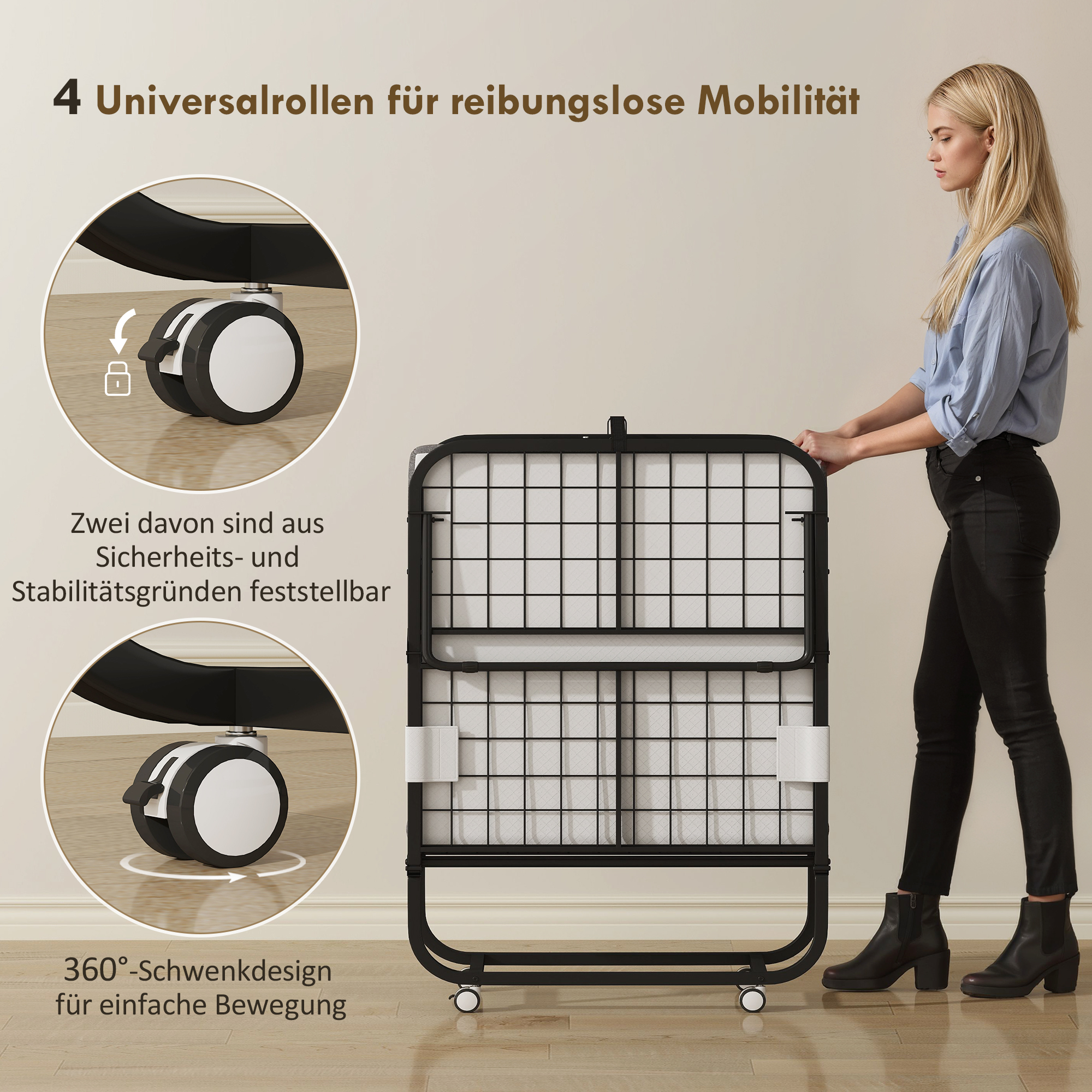 Klappbett 80x200 cm Erwachsene Gästebett Klappbar mit 10cm Dicker Schaumstoff Reisebett mit Stahlrahmen Feldbett mit Rollen bis 150 kg belastbar Einzelbett