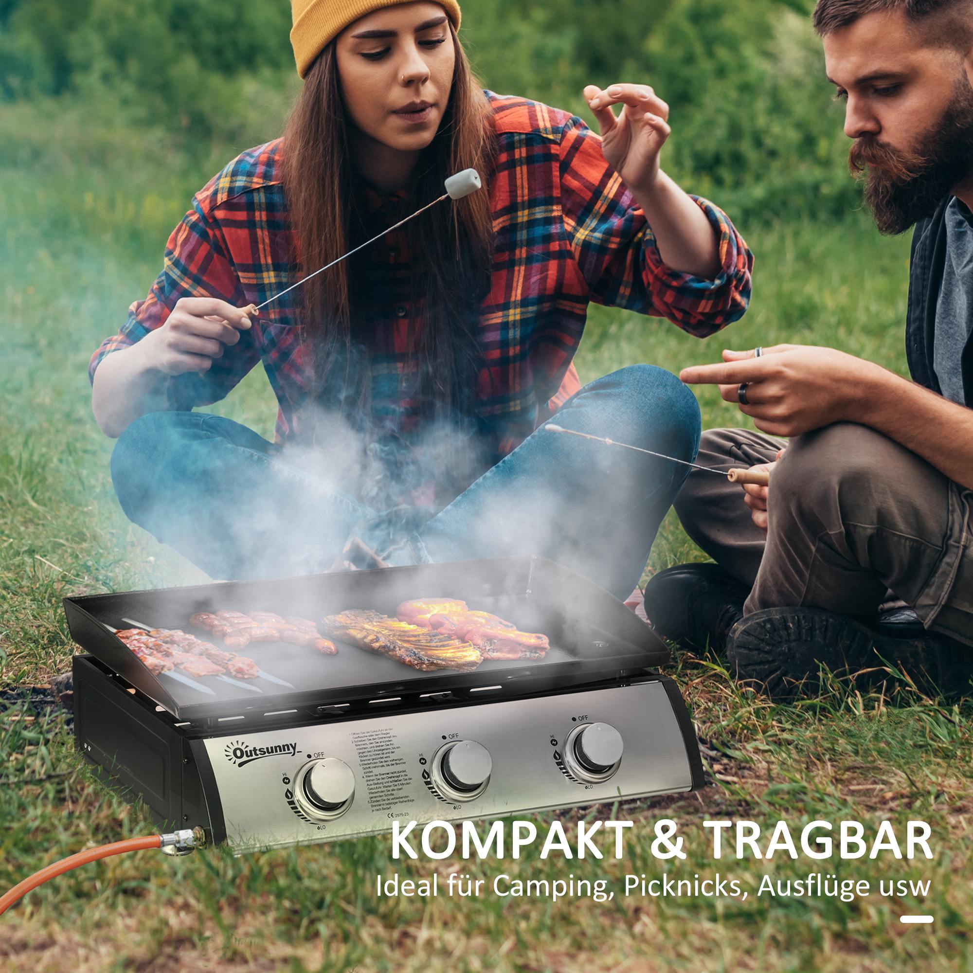Gasgrill mit Deckel, 3 Brennern, Fettauffangschale, antihaft-Platte, 63x47x25 cm, Schwarz/Silber