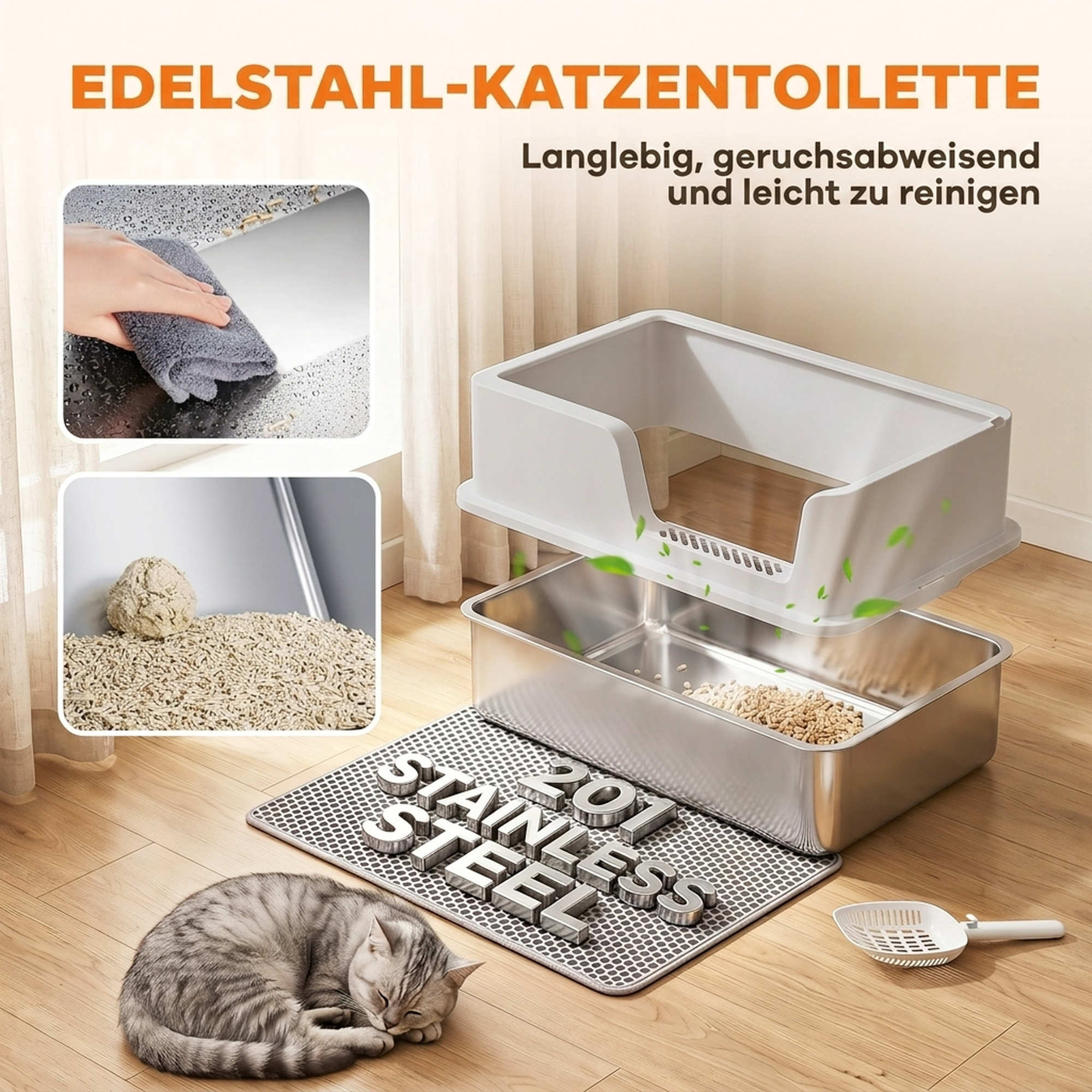 Katzentoilette XL Edelstahl mit Deckel, hohe Seitenwände, Schaufel Bürste Matte für Kätzchen bis 8 kg Hellgrau