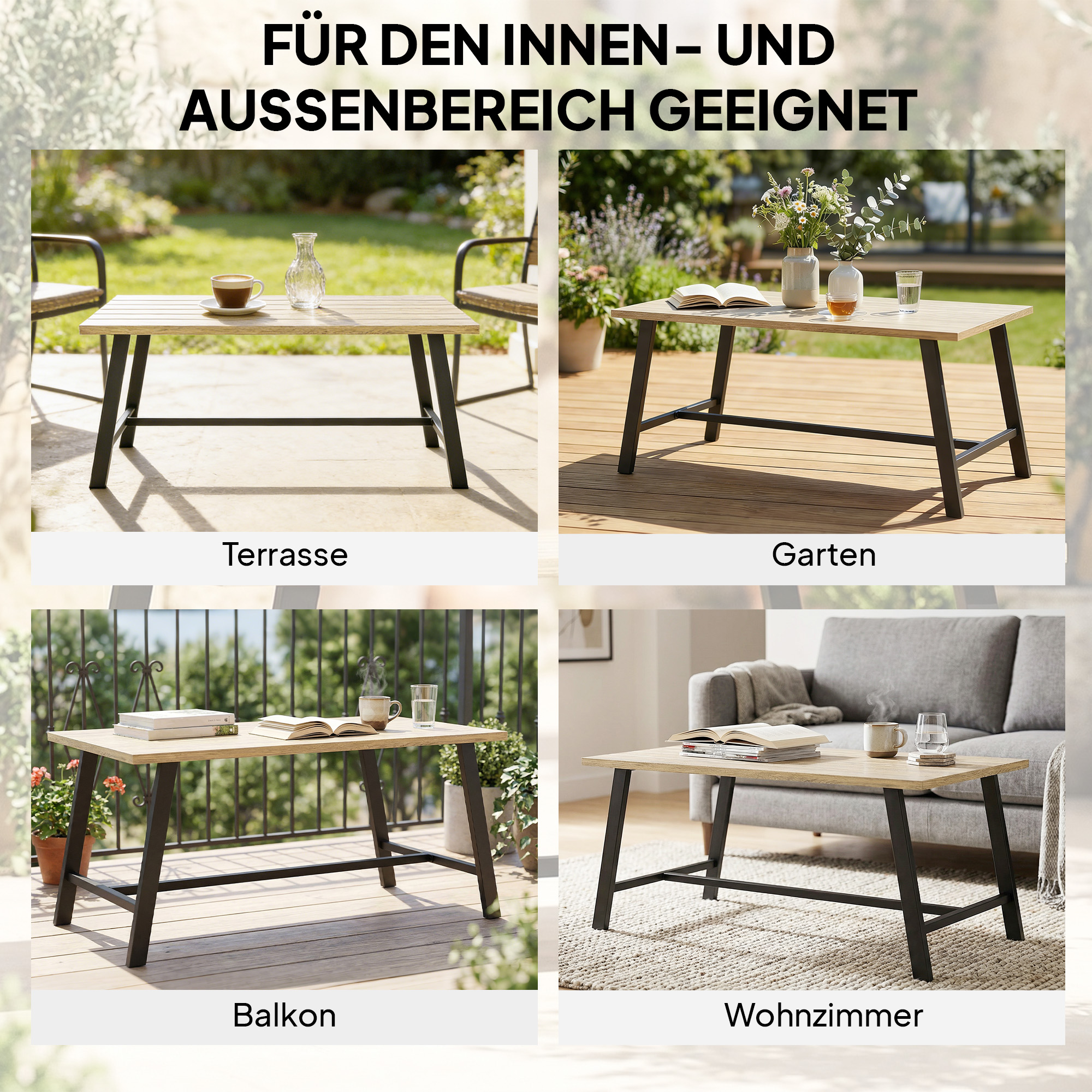 Outdoor-Couchtisch, rechteckiger Metall-Beistelltisch mit Tischplatte in Holzoptik, 100 x 55 cm, Braun