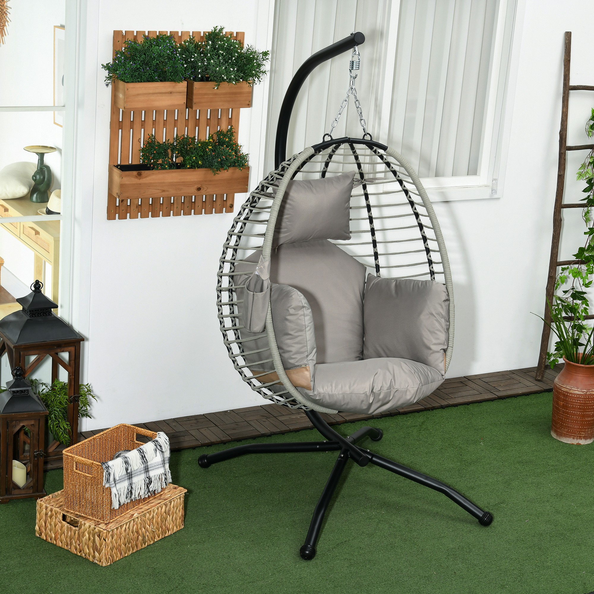 Hängesessel, Sitz- und Rückenkissen, faltbarer Sitzkorb, Becherhalter, Metallgestell, Grau