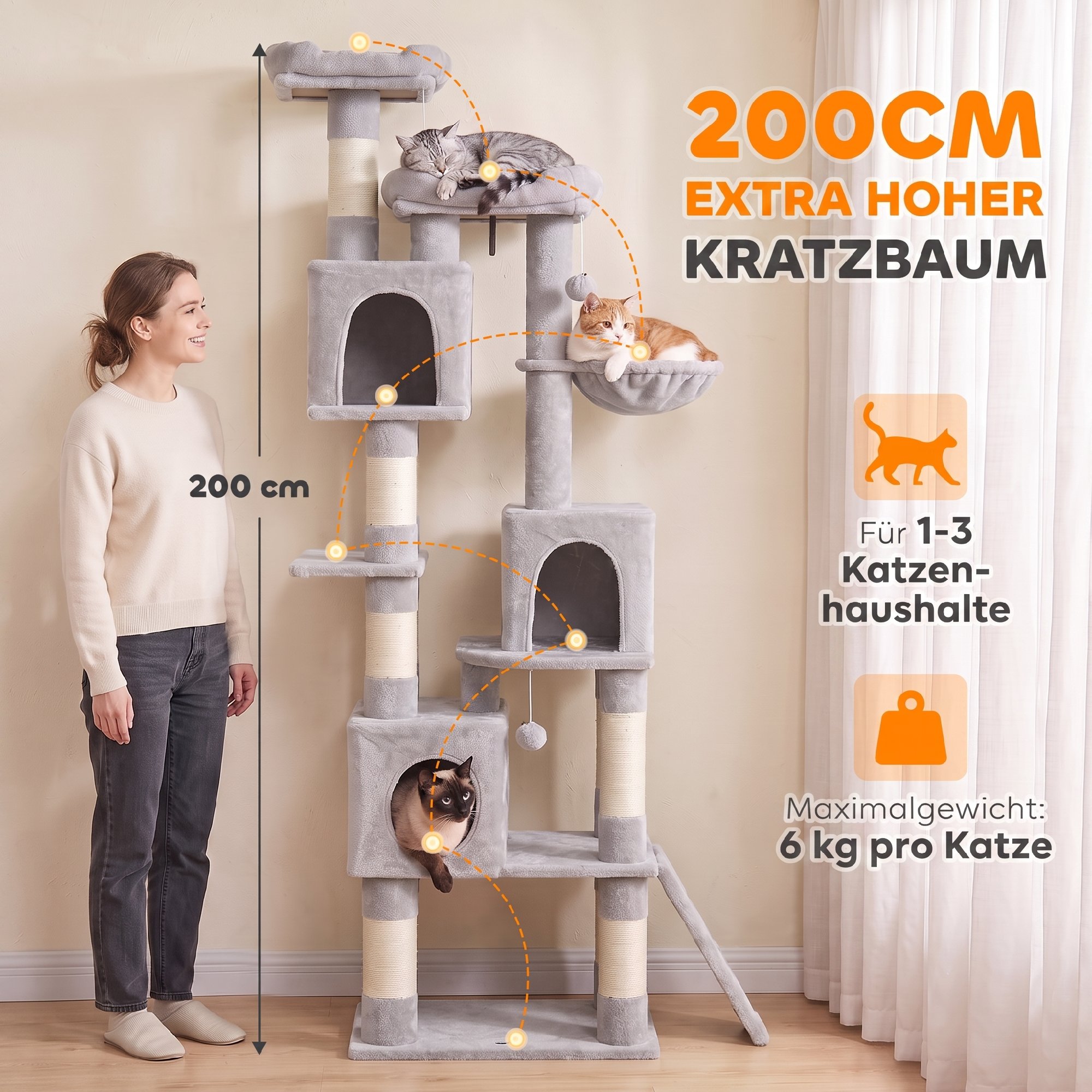 Kratzbaum groß, 200 cm hoch Katzenbaum mit 2 Betten, 3 Höhlen, Hängematte, 3 Bällen für 1-3 Katzen unter 6 kg, Hellgrau