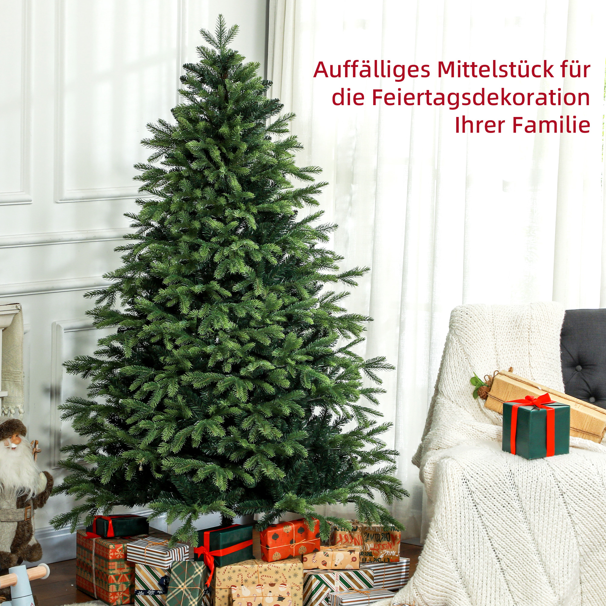 Künstlicher Weihnachtsbaum, realistisches Aussehen, flammhemmend, stabiler Metallfuß, 183 cm, Grün