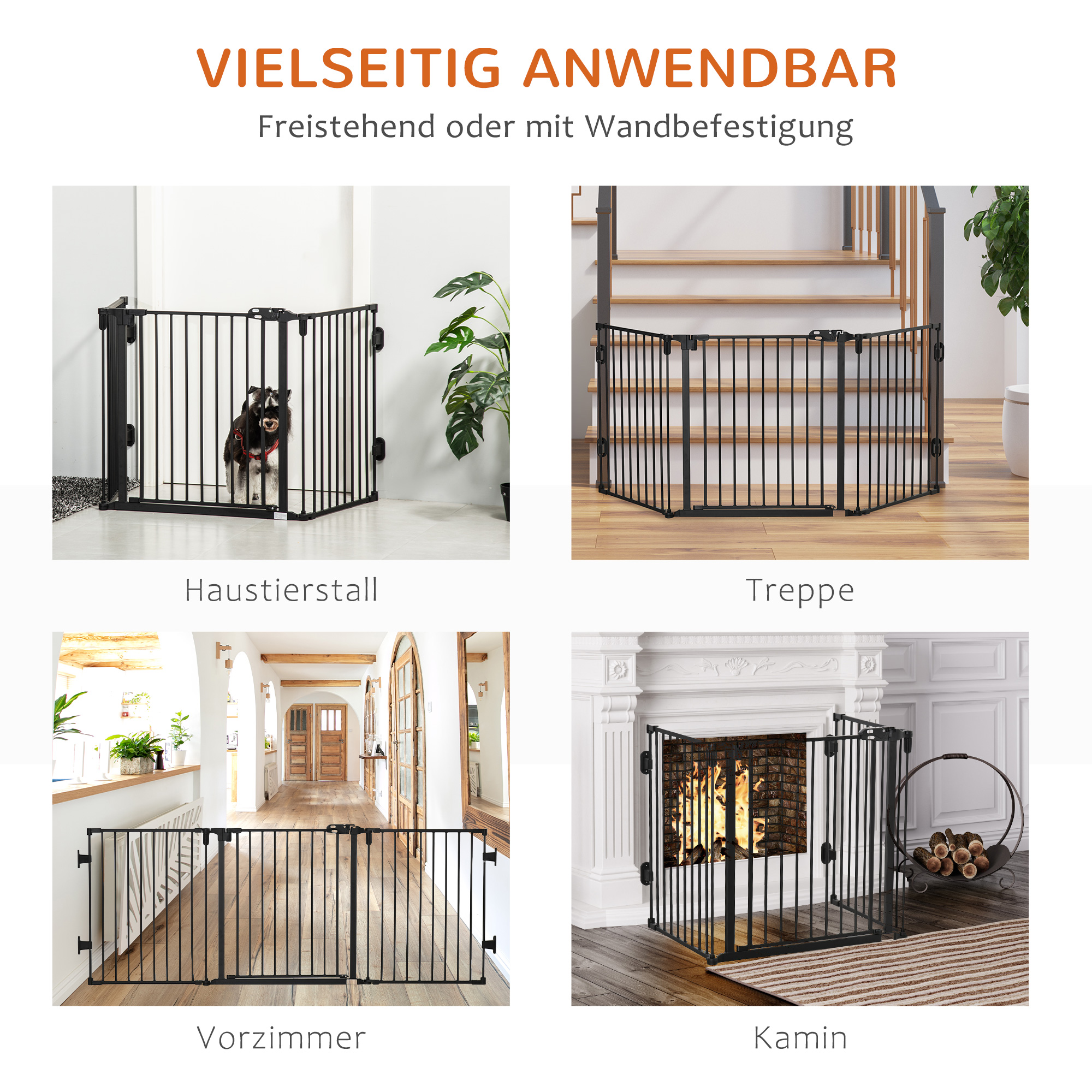 Absperrgitter Hund Freistehendes Verstellbares Schutzgitter 202,5 x 76 cm Hundegitter Klappbar Türschutzgitter Hundeabsperrgitter für Treppen, Türen, Küche, Flur, 3 Paneelen, Schwarz