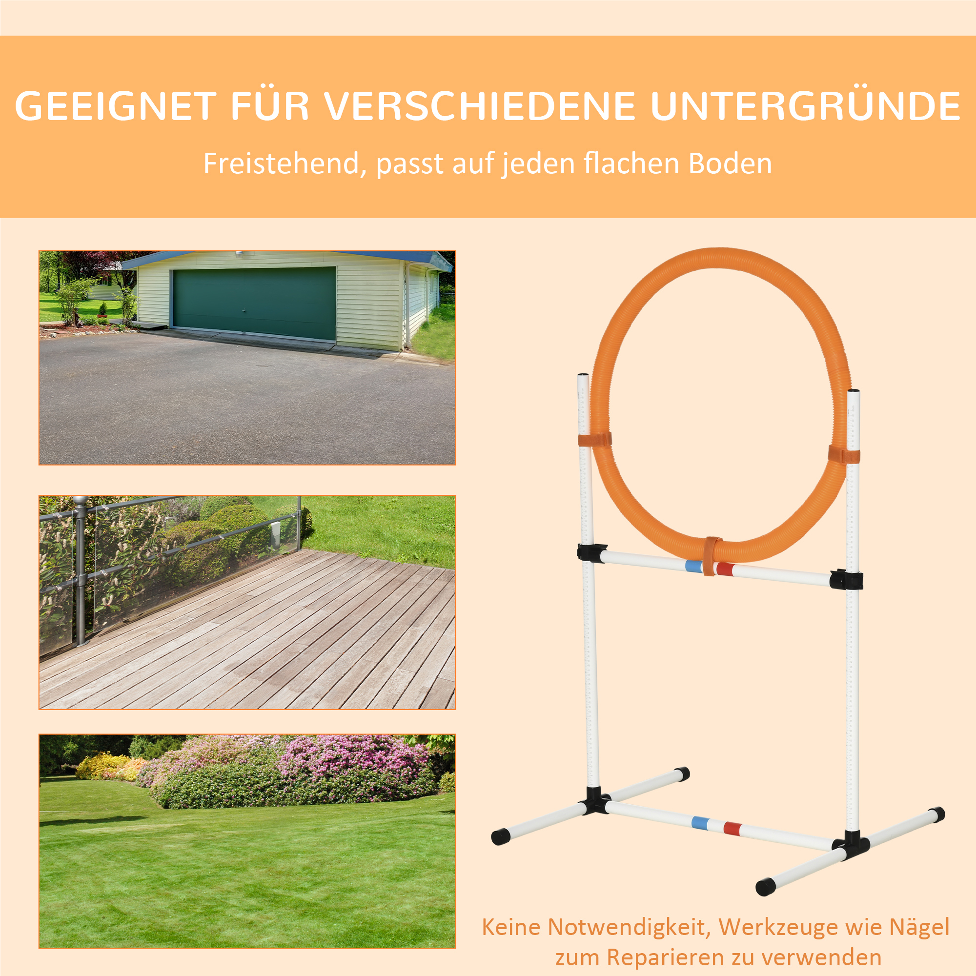 Agility Sprungring für Hunde, Agility Set Hunde, Agility Ring 2 in 1 Sprungringstange mit Tragetasche Kunststoff 74,5 x 66 x 91 cm Weiß+Orange
