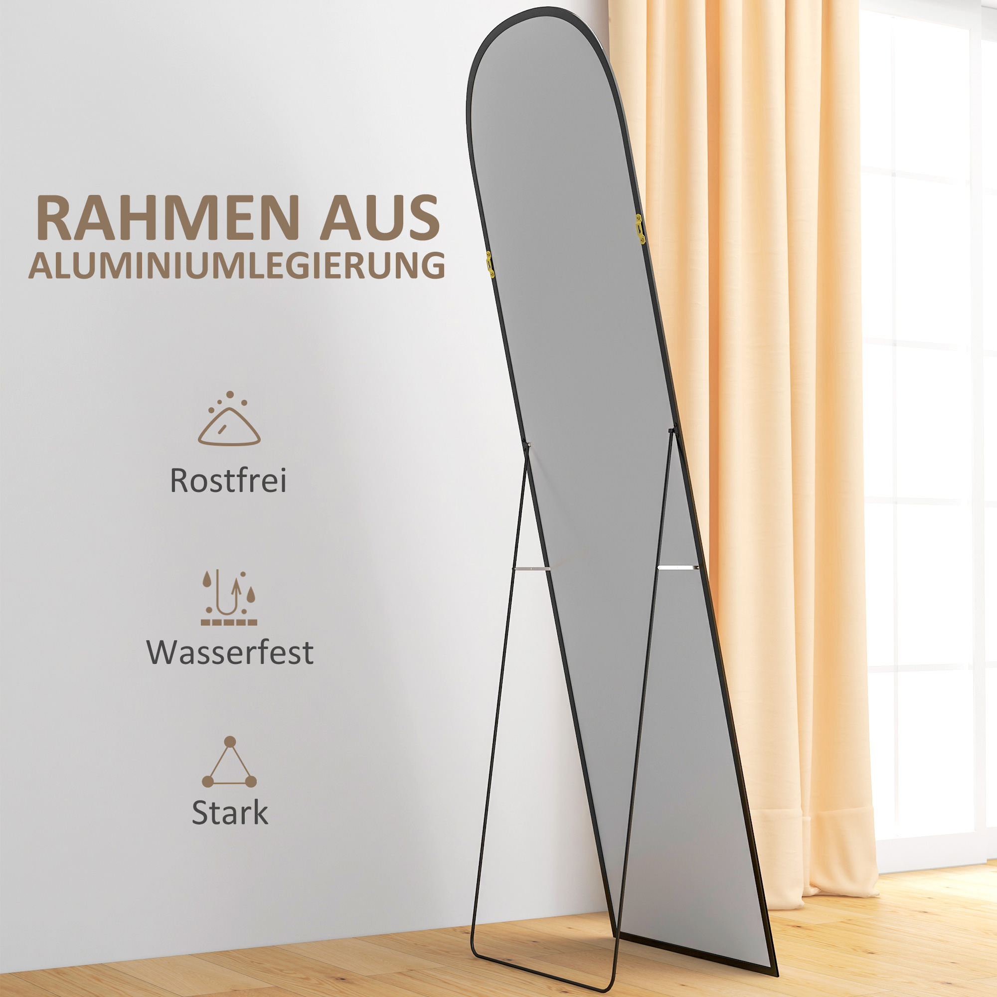 Standspiegel, Ganzkörperspiegel, modernes Design, 50 cm x 1,5 cm x 161,5 cm, Schwarz