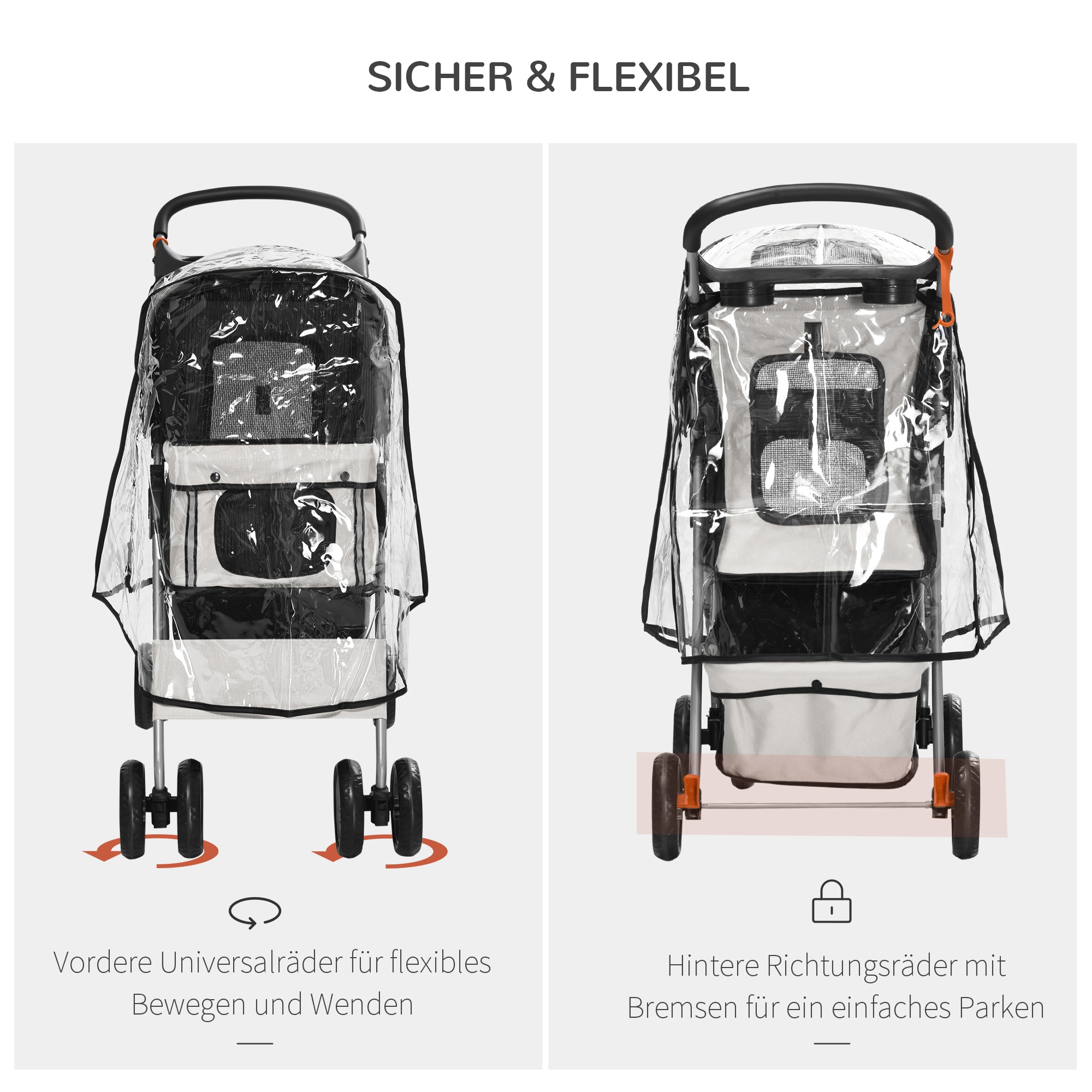 Hundebuggy Hundewagen bis 10 kg Klappbar Regenschutz Bodenkorb 2 Becherhalter 75 cm x 45 cm x 97 cm Grau