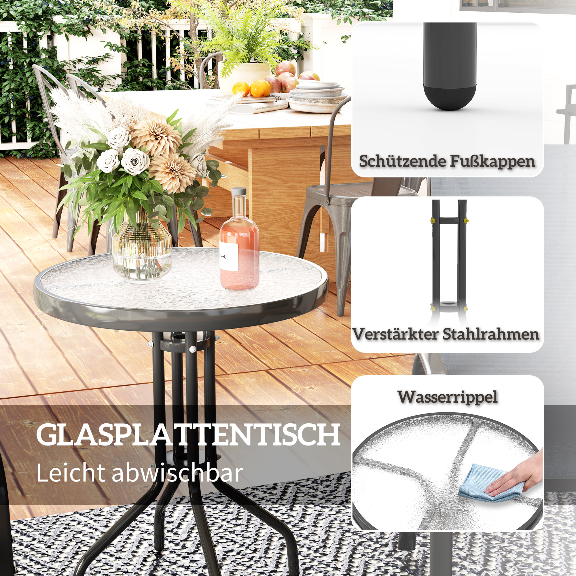Bistro-Set 3-teilig Wetterfest Gartenmöbel Set mit Glastisch Stapelbare Gartenstühlen Dunkelgrau