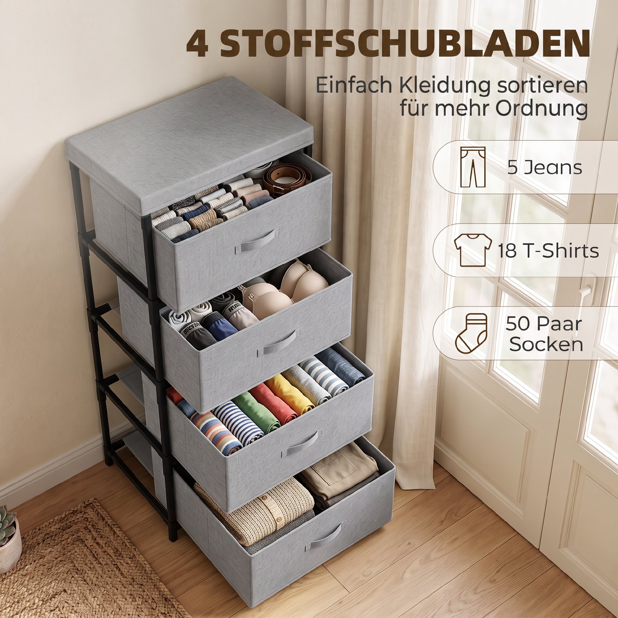 Kommode mit Stahlrahmen und 4 Schubladen, 42 x 32 x 80 cm, Grau/Schwarz