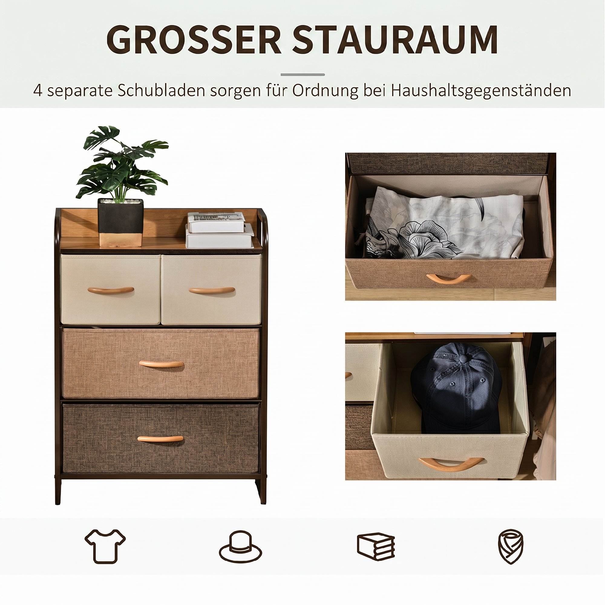Kommode Schrank mit 4 Schubladen aus Leinen Aufbewahrungsschrank mit Metallrahmen für Schlafzimmer, Wohnzimmer