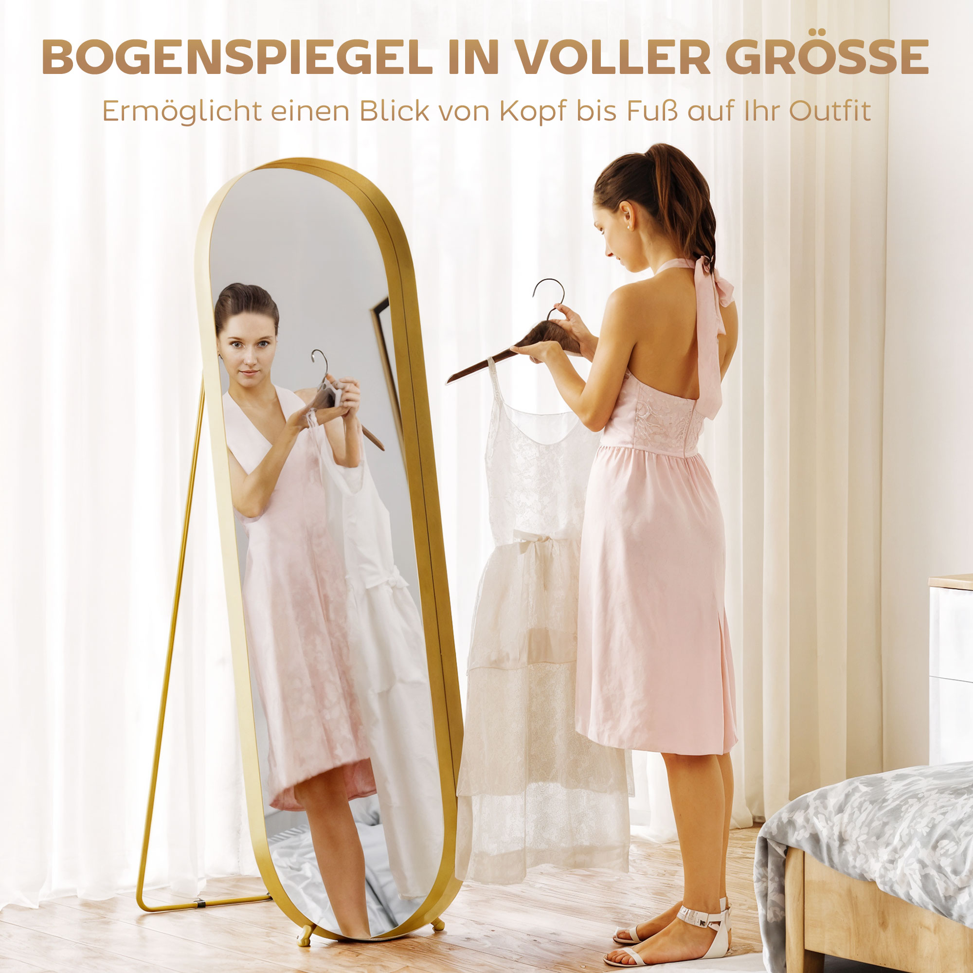 Ganzkörperspiegel mit Metallrahmen, 160 x 50 cm, goldfarbener Rahmen, für Wohnzimmer, Schlafzimmer