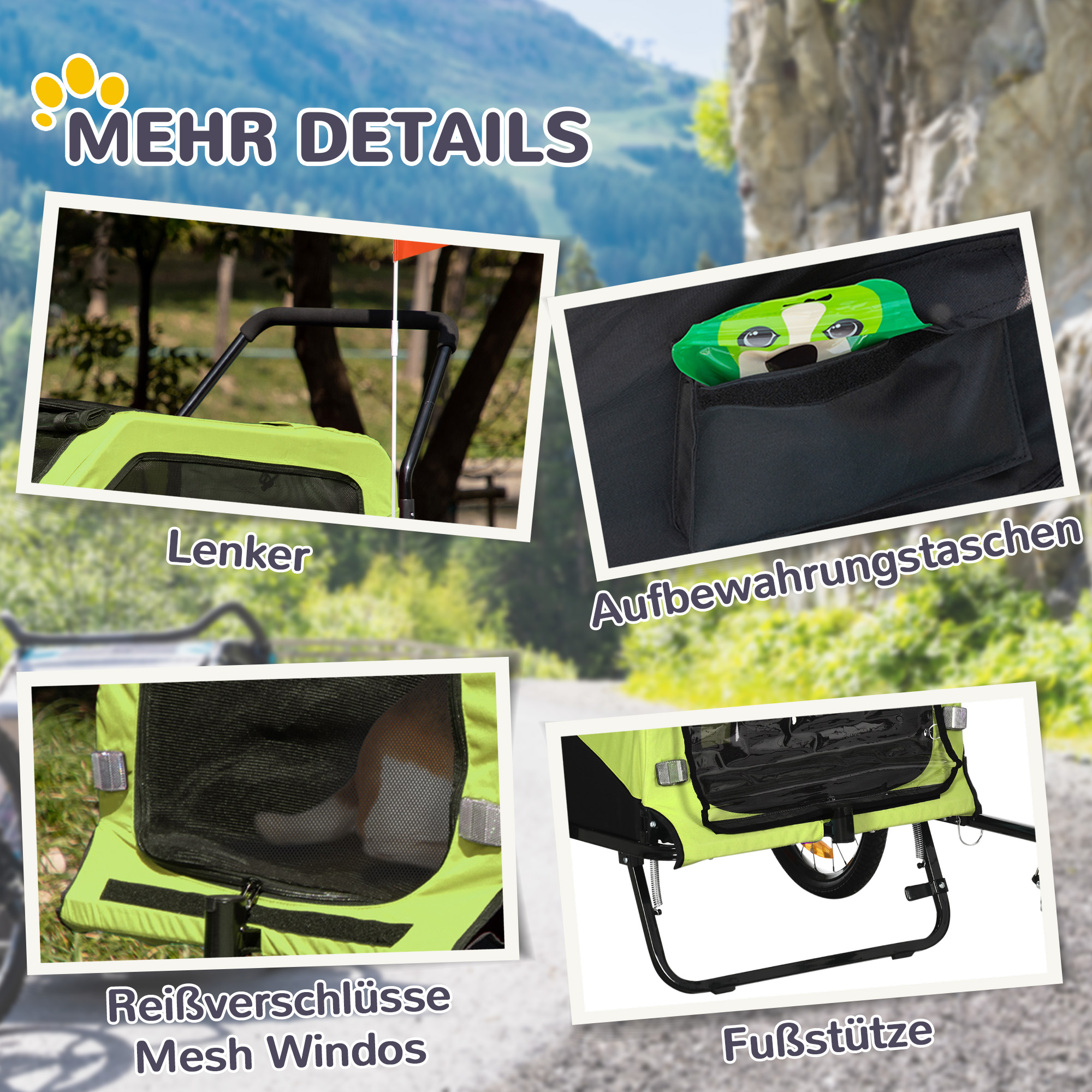 2in1 Hundeanhänger, Schiebefunktion, 2 Eingänge, Netzfenster, Sonnenschutz, Stahlrahmen, grün, 170 x 77 x 90 cm