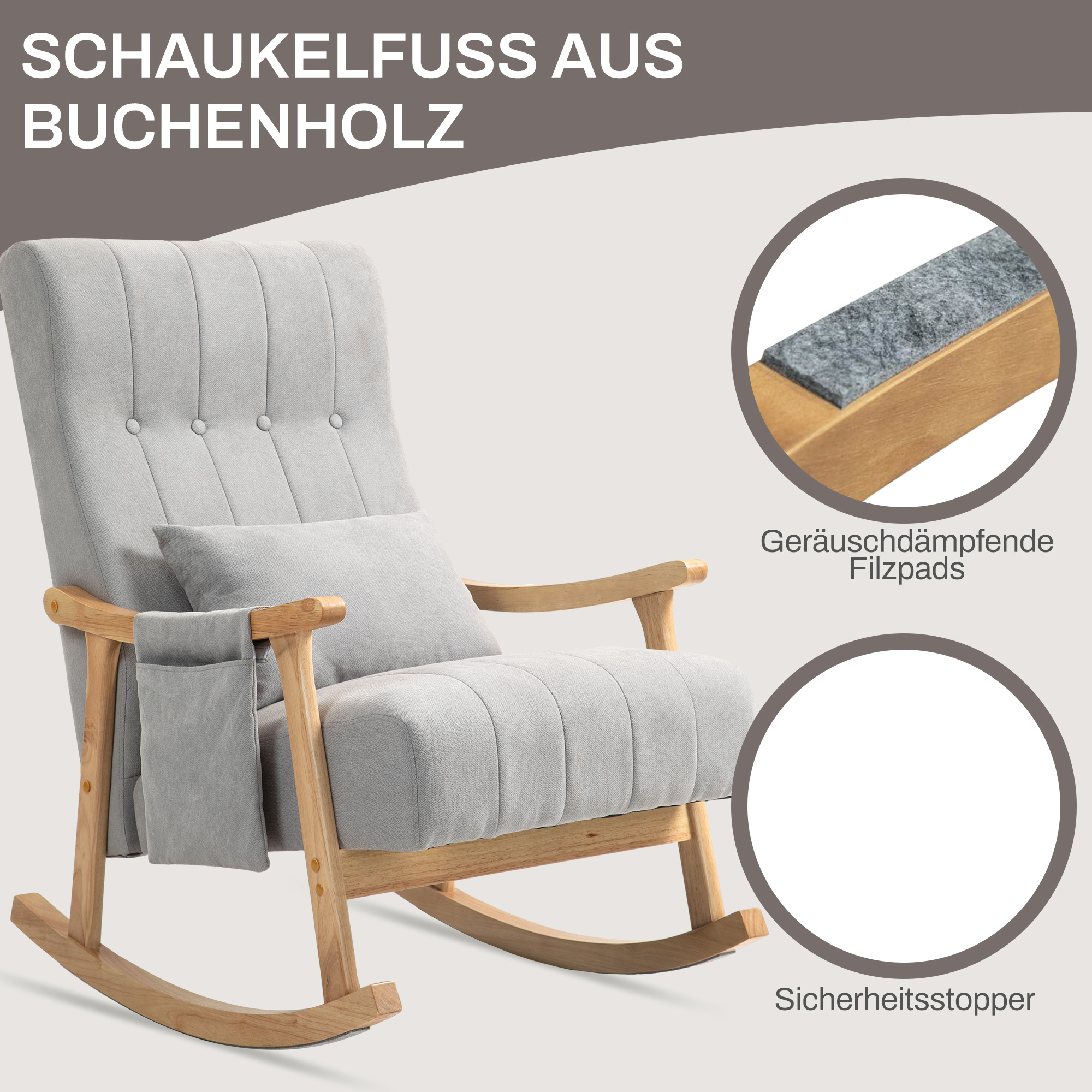 Schaukelstuhl mit Nierenkissen, breiter Sitz, Kautschukholzrahmen, bis 120 kg, Grau
