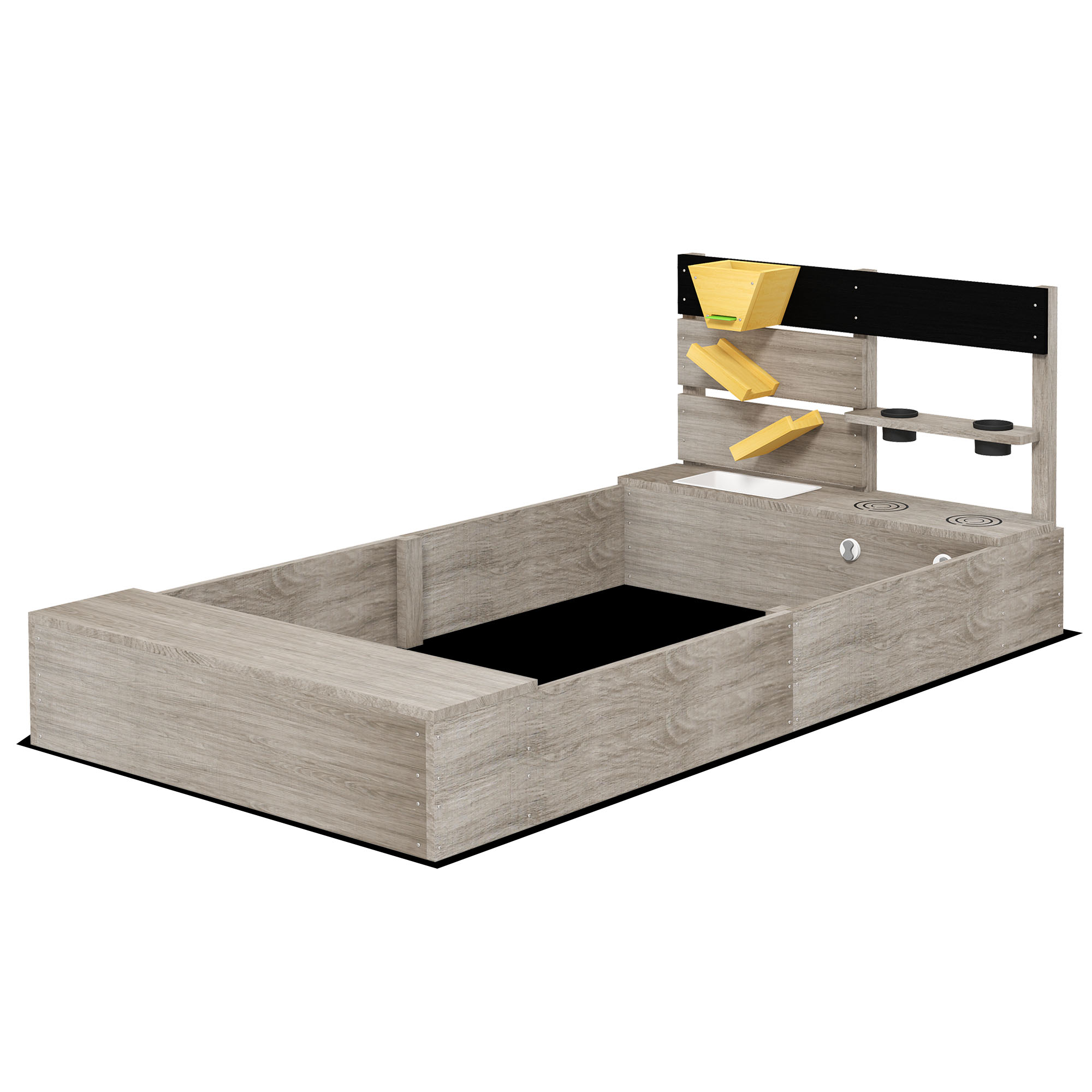 Sandkasten mit Wasserstation, 2 Pflanzkästen, behandeltes Massivholz, 154 x 80 x 60cm, Grau Sandkasten mit Wasserstation, 2 Pflanzkästen, behandeltes Massivholz, 154 x 80 x 60cm, Grau