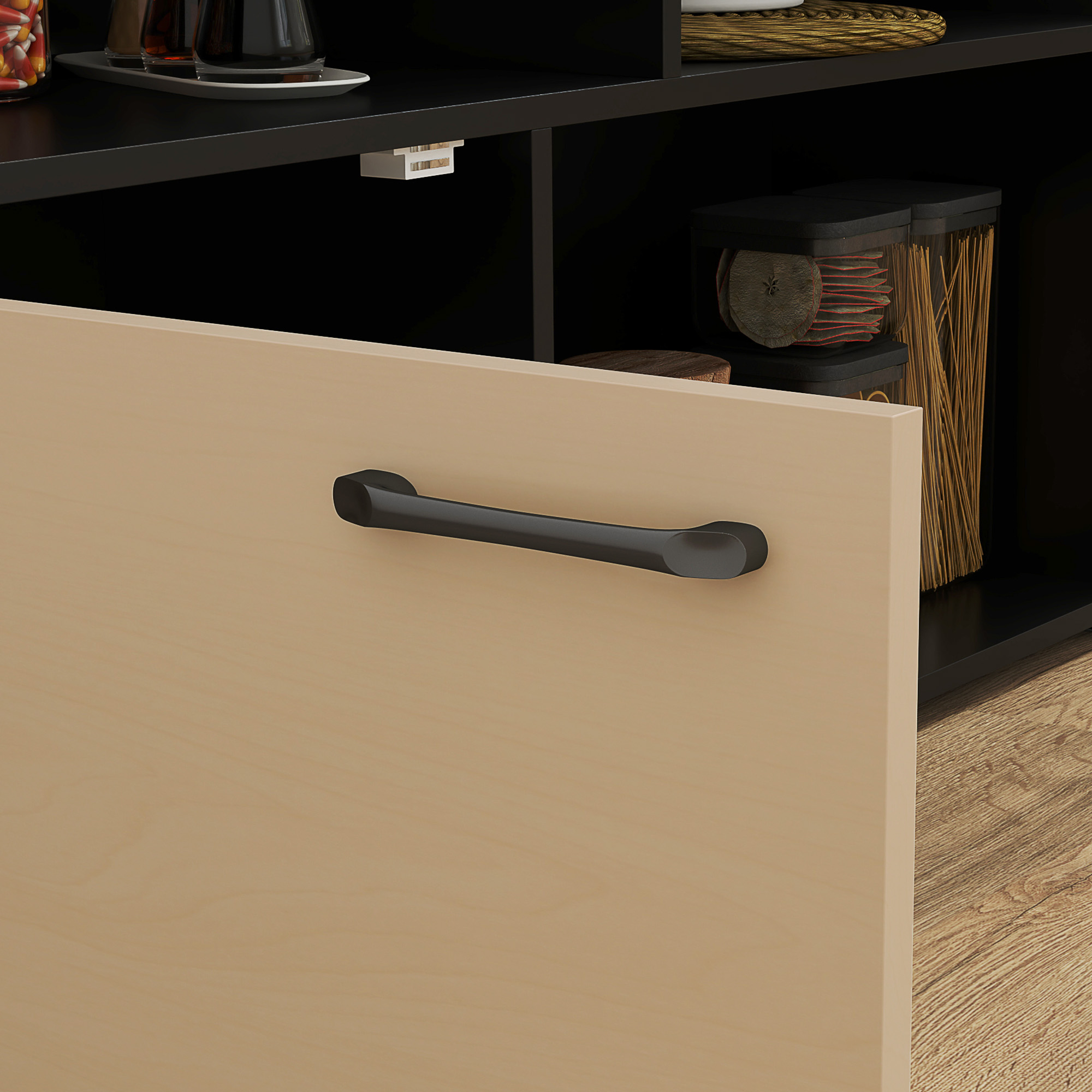 3-tlg. Barset, Bartisch mit klappbarer Tischplatte, 2 Barhocker, 6 Staufächer, schwarz+Eiche, 116 x 70 x 89,5 cm