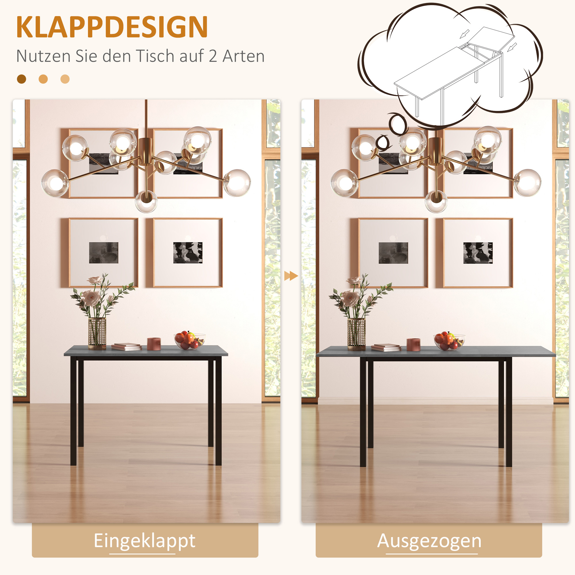 Esszimmertisch, Küchentisch, erweiterbar, für 6 Personen, 160x70, Dunkelgrau