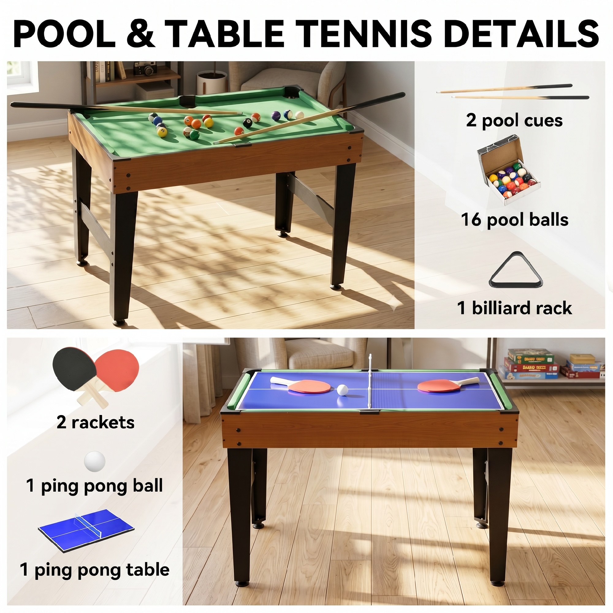 4-in-1 Partyspieltisch inkl. Tischtennis, Kicker, Billard, Tischhockey, Metall, Holz, Natur+Schwarz