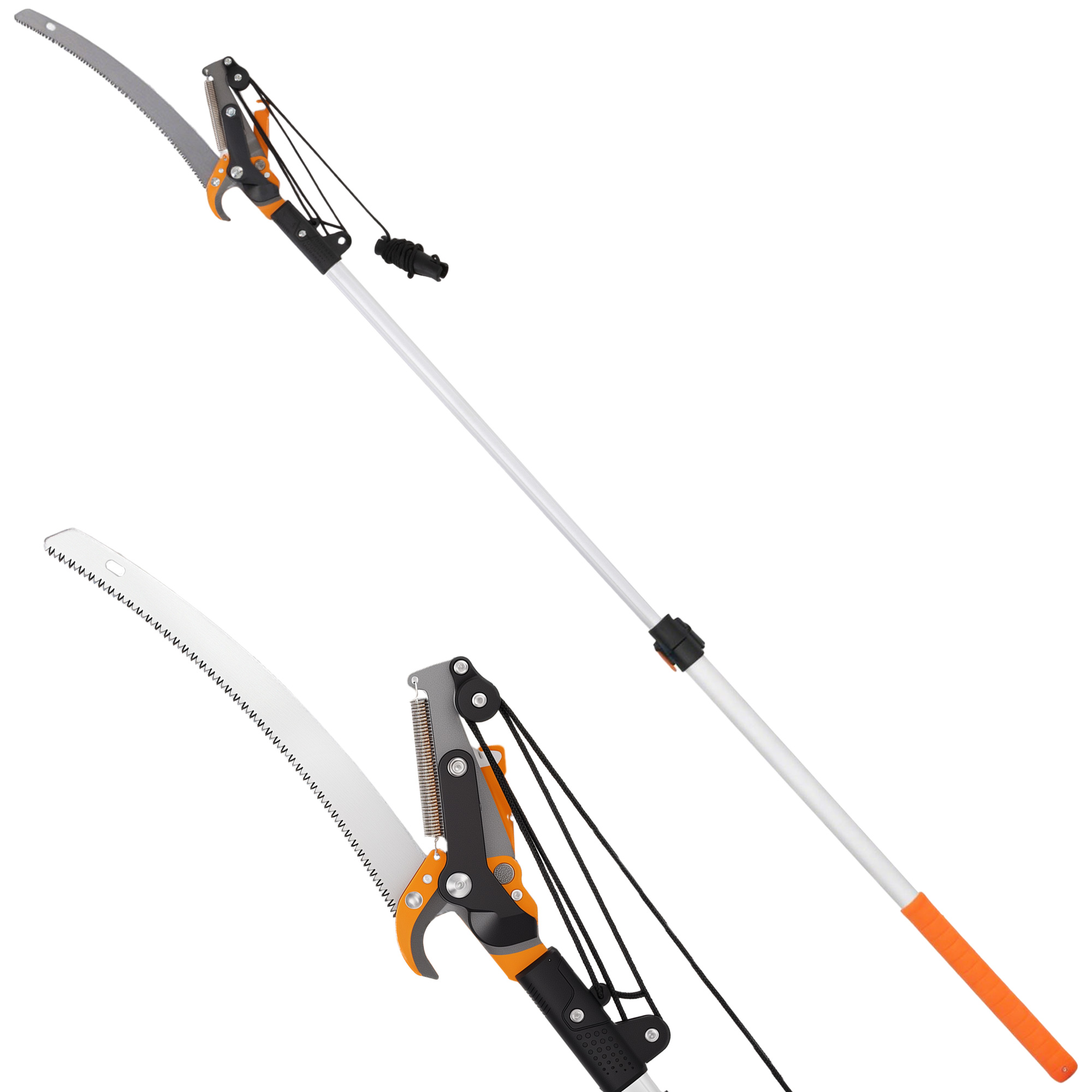 2-in-1 Astsäge mit integrierter Astschere Baumsäge mit Teleskopstiel 135/172/199 cm für hohe Äste Orange