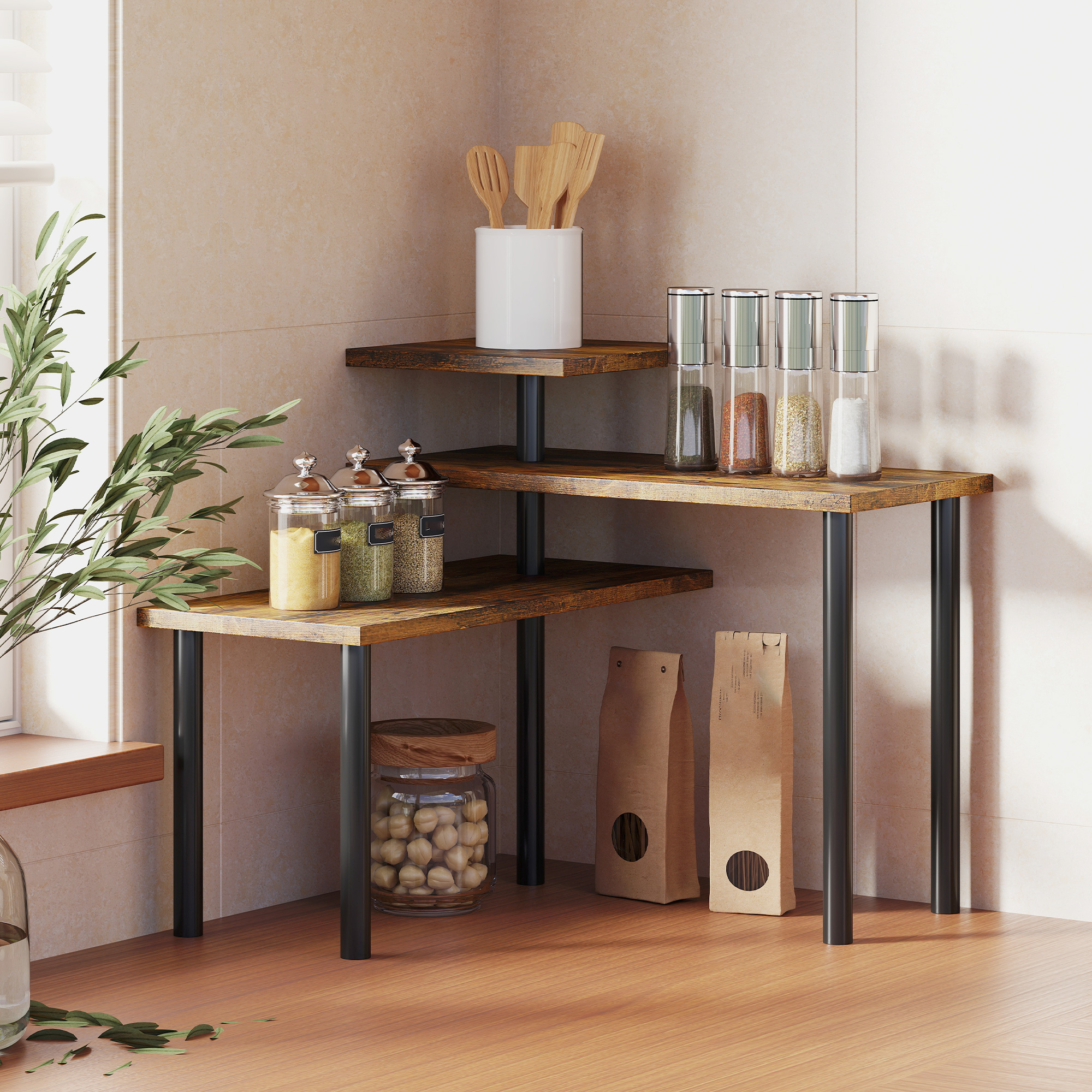 Küchenregal, Drehbar Mikrowellenregal mit 3 Ebenen, Industrielles Standregal Metall, 40 x 18 x 36,5 cm