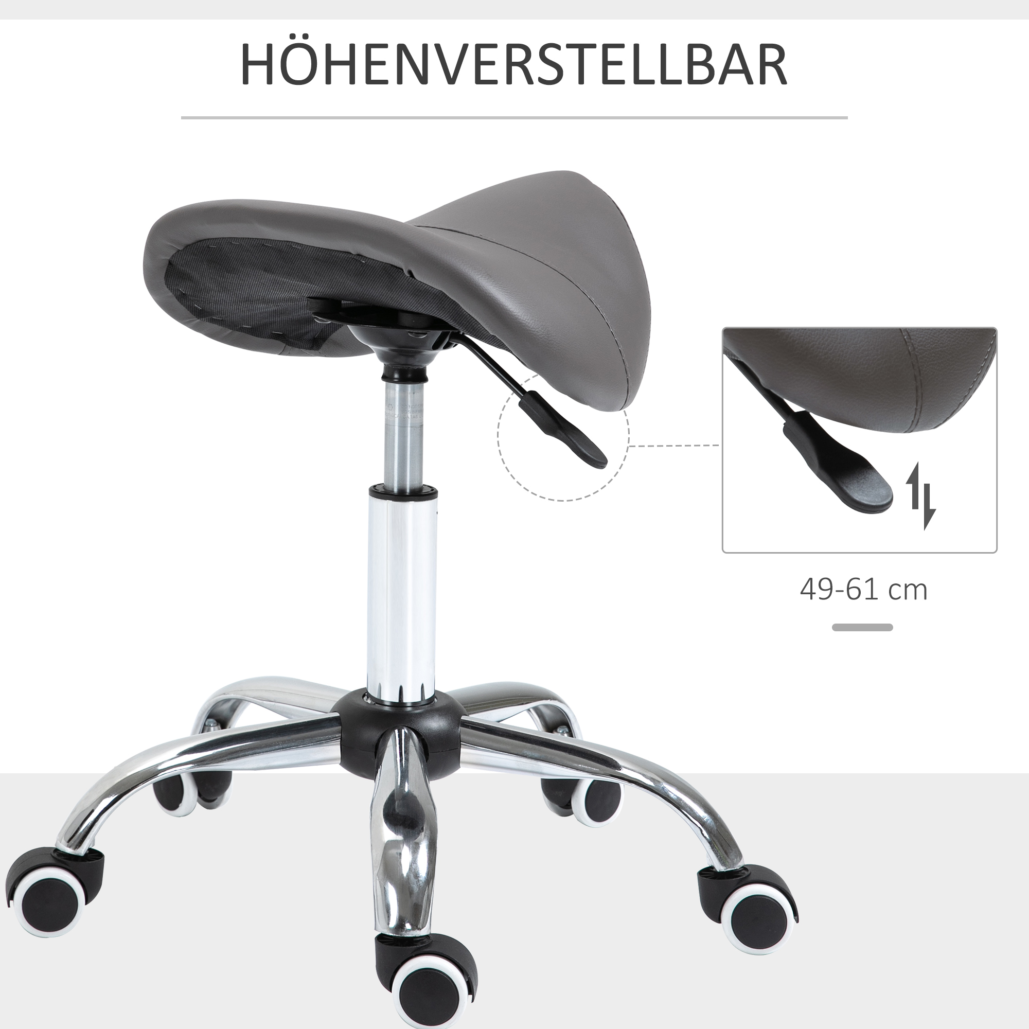 Rollhocker, sattelförmiger Sitz, höhenverstellbar, um 360° drehbar, Kunstleder, dunkelgrau, 53 x 52 x 49-61 cm