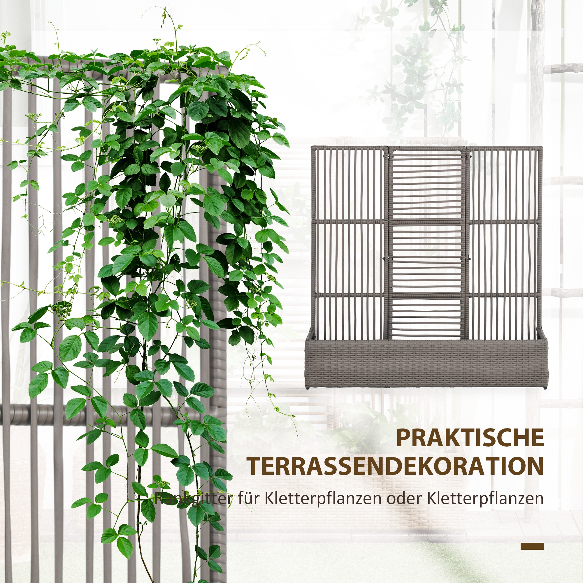 Blumenkasten mit Spalier, wetterfest, Polyrattan, 103 x 29 x 103 cm, Grau