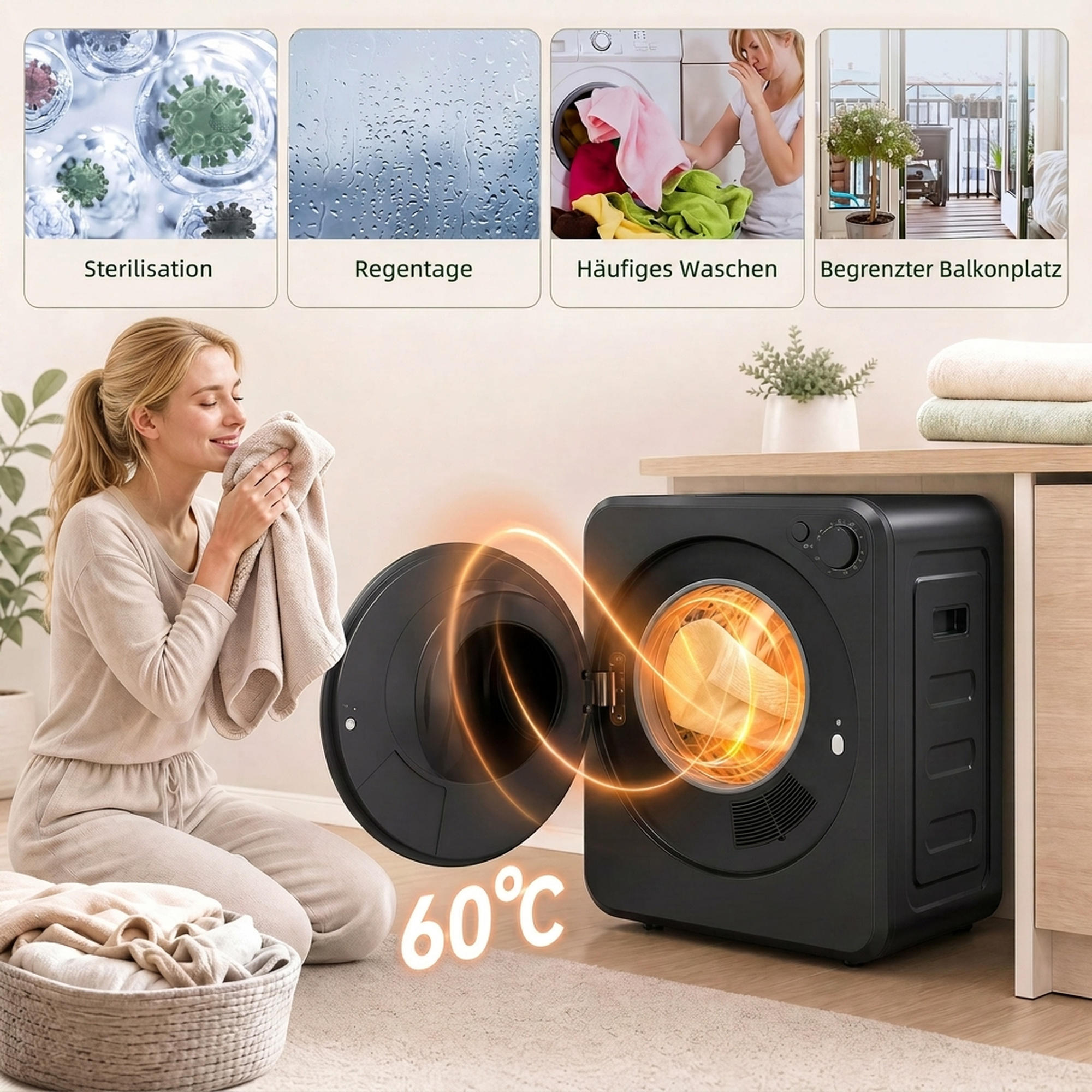 Mini Wäschetrockner 4 kg mit 5 Programme bis zu 60℃ 800W/400W Ablufttrockner mit Edelstahltrommel Schwarz
